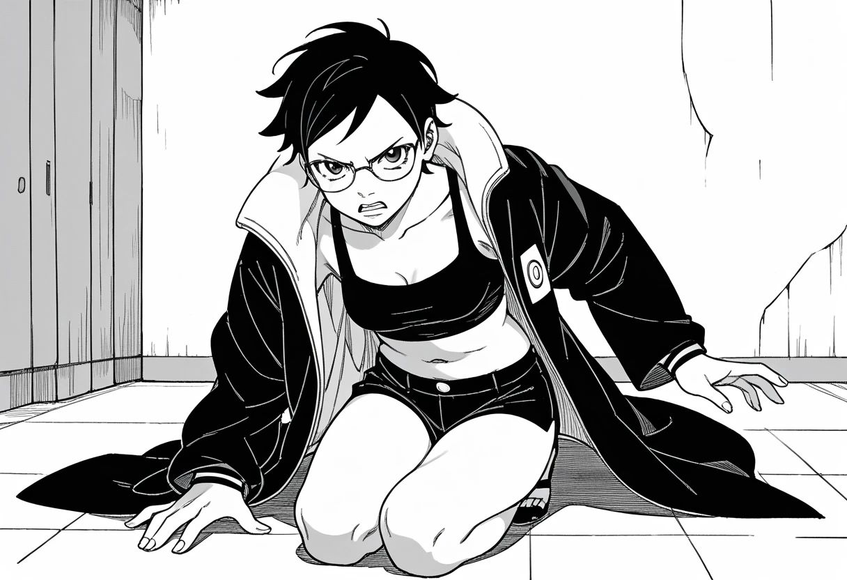 Nsfw, monochrome, manga_source, best background, detailed background, manga, grayscale, uchiha sarada, boruto_two_blue_vortex, post timeskip, Uchiha_sarada, solo, black hair, short hair, glasses, beautiful body, medium breasts, sexy legs, mikio ikemoto style, black crop_top, navel, open coat, black tiny shorts, empty bubble spech, hokage's office, angry