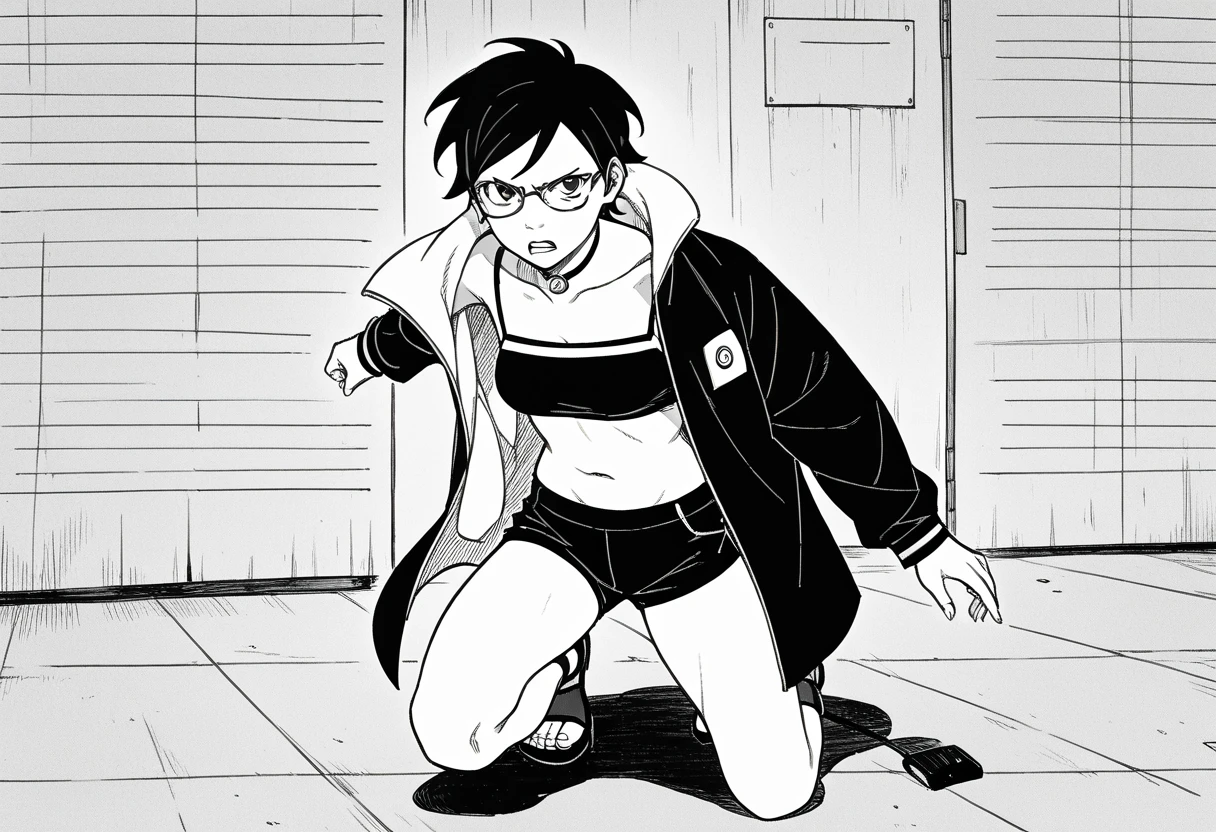 Nsfw, monochrome, manga_source, best background, detailed background, manga, grayscale, uchiha sarada, boruto_two_blue_vortex, post timeskip, Uchiha_sarada, solo, black hair, short hair, glasses, beautiful body, medium breasts, sexy legs, mikio ikemoto style, black crop_top, navel, open coat, black tiny shorts, empty bubble spech, hokage's office, angry