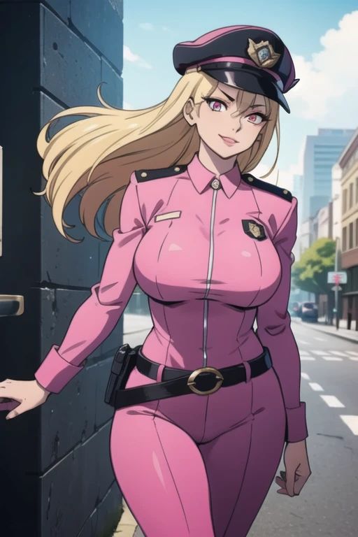 Selene, ftselenecas, long hair, blonde hair, pink eyes, mature female, large breasts, BCop, belt, policewoman, leotard, police hat, peaked cap, calm smile, walking