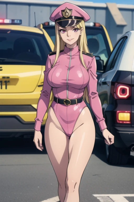 Selene, ftselenecas, long hair, blonde hair, pink eyes, mature female, large breasts, BCop, belt, policewoman, leotard, police hat, peaked cap, calm smile, walking