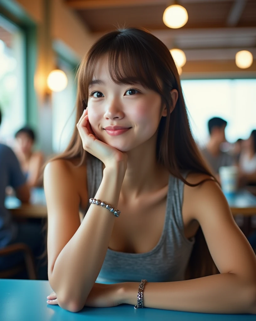 ultra-detailed, 1 girl, Asian, athletic body, realistic skin texture, long hair, (breasts:0.9), (smile:0.8), gaze at viewer, cropped T-shirt, skinny T-shirt, tight tank top, micro mini skirt, movie lighting, face focus, fine eyes, detailed face, well lit face, sunny day, outdoor cafe in background, nice thighs