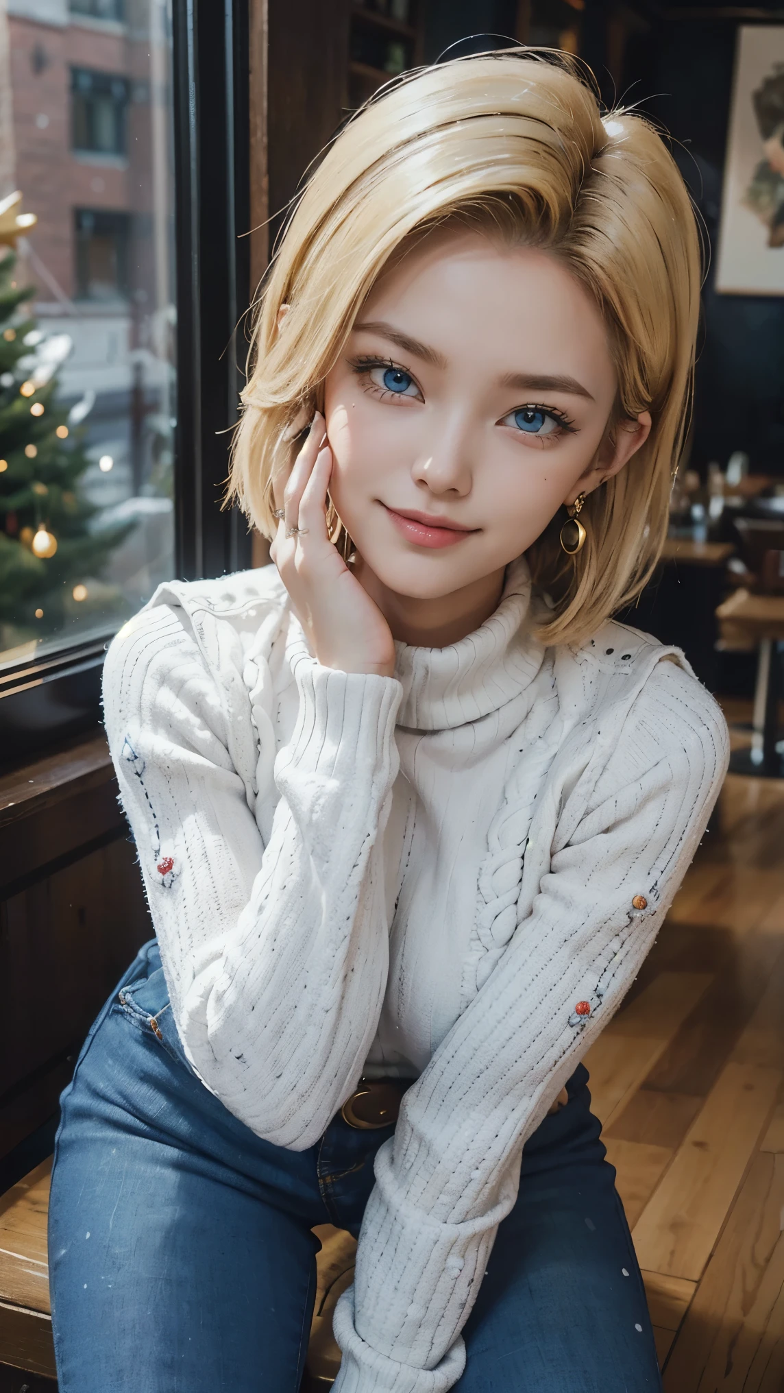 Android 18 da dragon ball,(best qualityer,4K,8k,high resolution,work of art:1.2)(weather: snowing), Mondstadt town background, coffee shop, winter outfit, beige winter sweater, fur mittens, winter fur scarf, winter leggings, winter boots, winter beanie, loop earrings, snowflake embroidery, cheek mole, short straight hair, short blonde hair, ultra detailed, realistic, portrait,beautiful detailed sapphire blue eyes, glowing eyes,blush,beautiful detailed lips,extremely detailed eye and face, long eyelashes,sexy,average, large breasts,beaming smile, flirty smile, powerful girl, sexy pose, stunning curves, bright coloured, dramatic lighting, Christmas lights, Christmas tree,