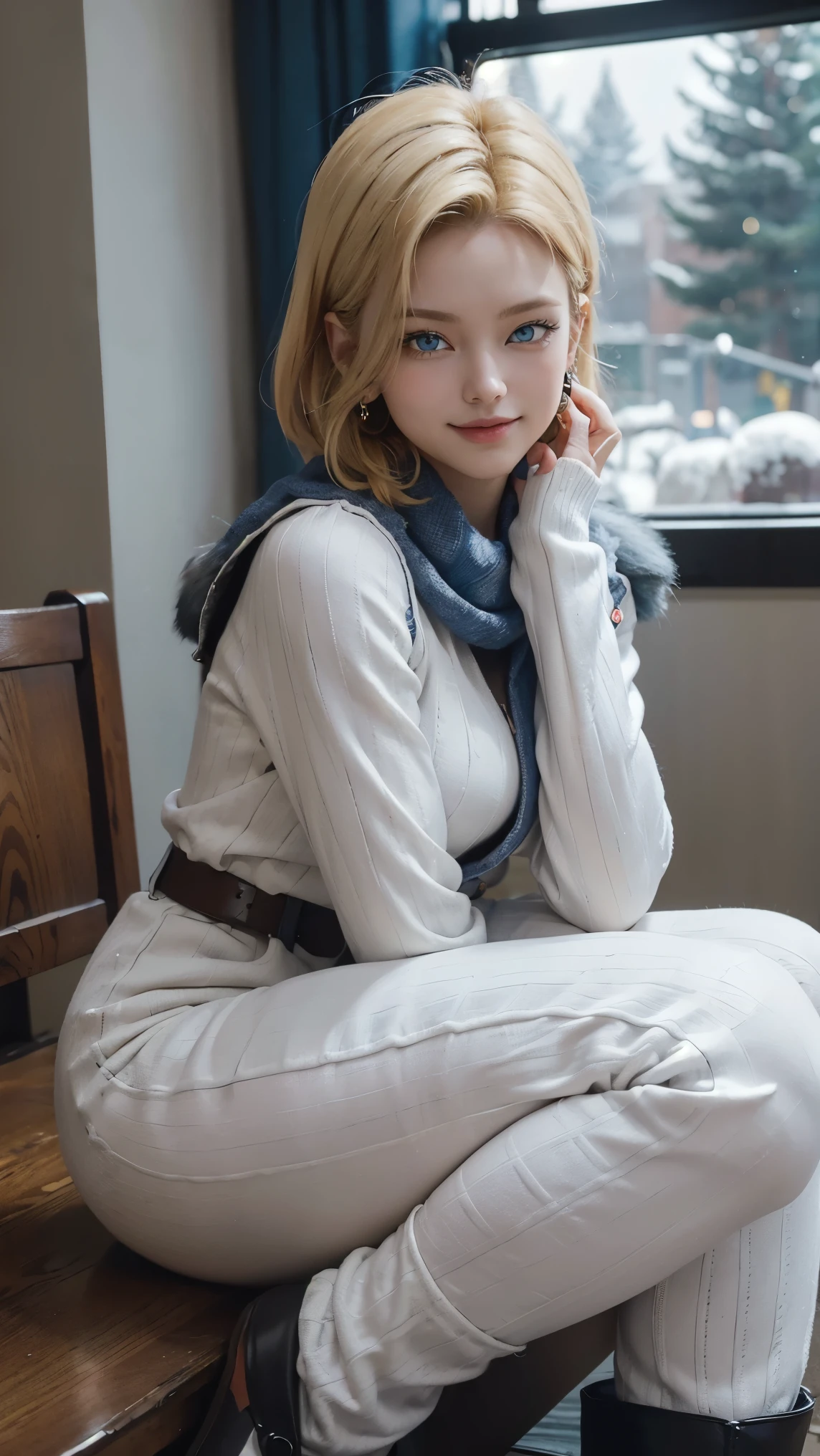 Android 18 da dragon ball,(best qualityer,4K,8k,high resolution,work of art:1.2)(weather: snowing), Mondstadt town background, coffee shop, winter outfit, beige winter sweater, fur mittens, winter fur scarf, winter leggings, winter boots, winter beanie, loop earrings, snowflake embroidery, cheek mole, short straight hair, short blonde hair, ultra detailed, realistic, portrait,beautiful detailed sapphire blue eyes, glowing eyes,blush,beautiful detailed lips,extremely detailed eye and face, long eyelashes,sexy,average, large breasts,beaming smile, flirty smile, powerful girl, sexy pose, stunning curves, bright coloured, dramatic lighting, Christmas lights, Christmas tree,