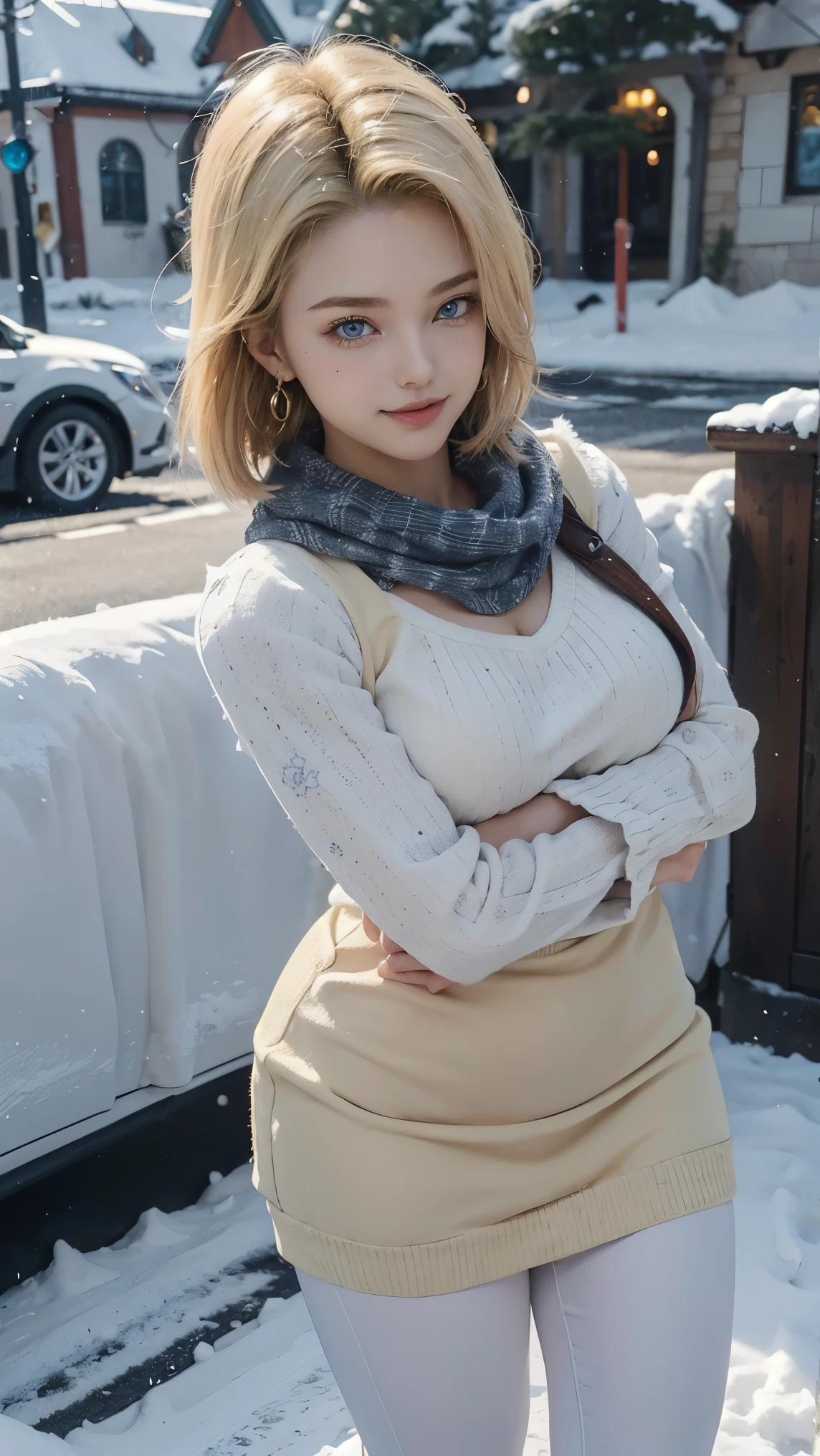 Android 18 da dragon ball,(best qualityer,4K,8k,high resolution,work of art:1.2)(weather: snowing), Mondstadt town background, coffee shop, winter outfit, beige winter sweater, fur mittens, winter fur scarf, winter leggings, winter boots, winter beanie, loop earrings, snowflake embroidery, cheek mole, short straight hair, short blonde hair, ultra detailed, realistic, portrait,beautiful detailed sapphire blue eyes, glowing eyes,blush,beautiful detailed lips,extremely detailed eye and face, long eyelashes,sexy,average, large breasts,beaming smile, flirty smile, powerful girl, sexy pose, stunning curves, bright coloured, dramatic lighting, Christmas lights, Christmas tree,