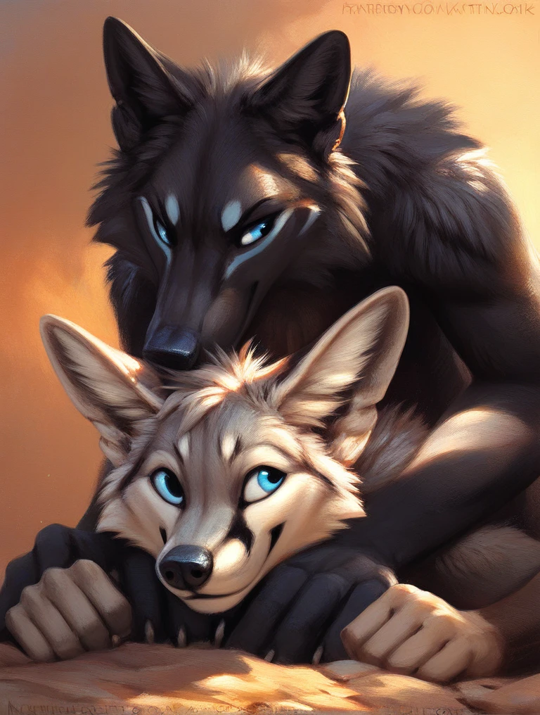 score_9, score_8_up, score_7_up, source_furry, rating_safe, by kenket, anthro, duo, male/male, wolf, black body, blue eyes, fox, orange body, doggy style, bird's eye view, on belly
