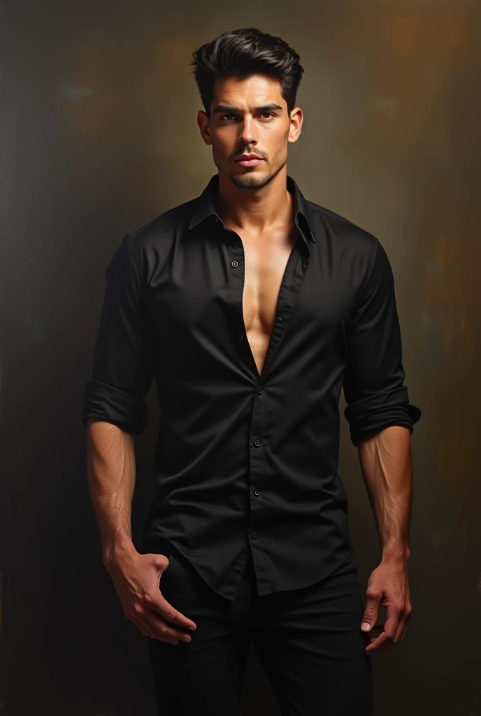 Man with half-open satin blouse resting his hands on the floor in a way that shows part of his neck and collarbone. SIDE ANGLE