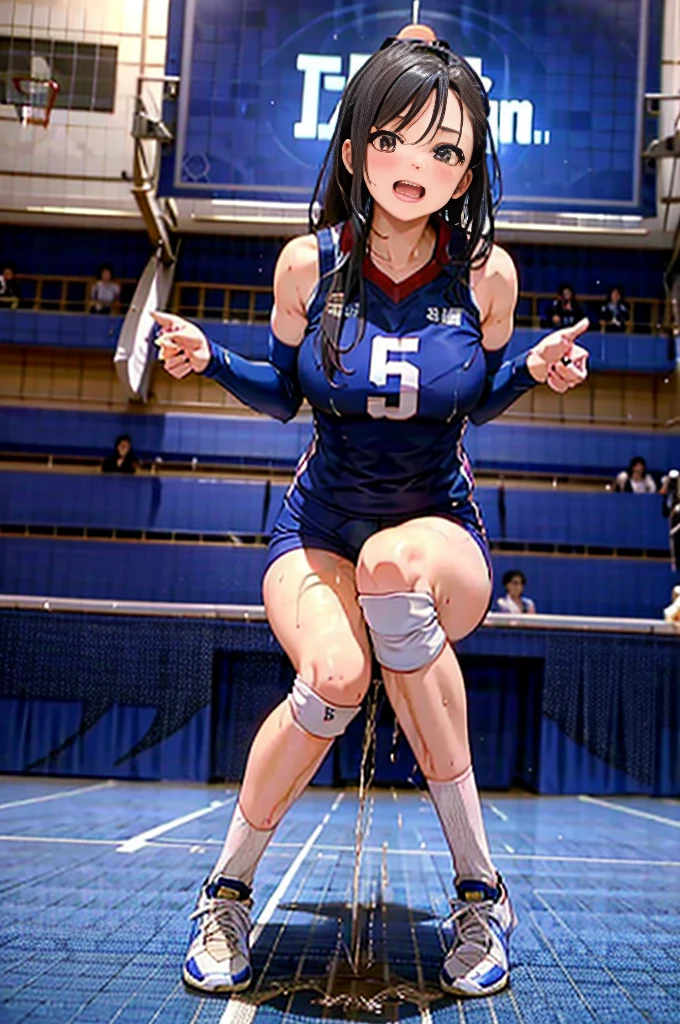  Female volleyball players pee while bending down while holding up the reception、 Female players pee in front of a large audience 、Women spread their legs wide and bend down with their knees closed 、 Lower body and floor wet due to large amounts of pee 、 beauty、 Japanese woman with a viewing angle of、 Completate、Women blush because they are so embarrassed、Only one woman who peed is shown on the screen、From below、The ball flew in and the woman was in a receiving position