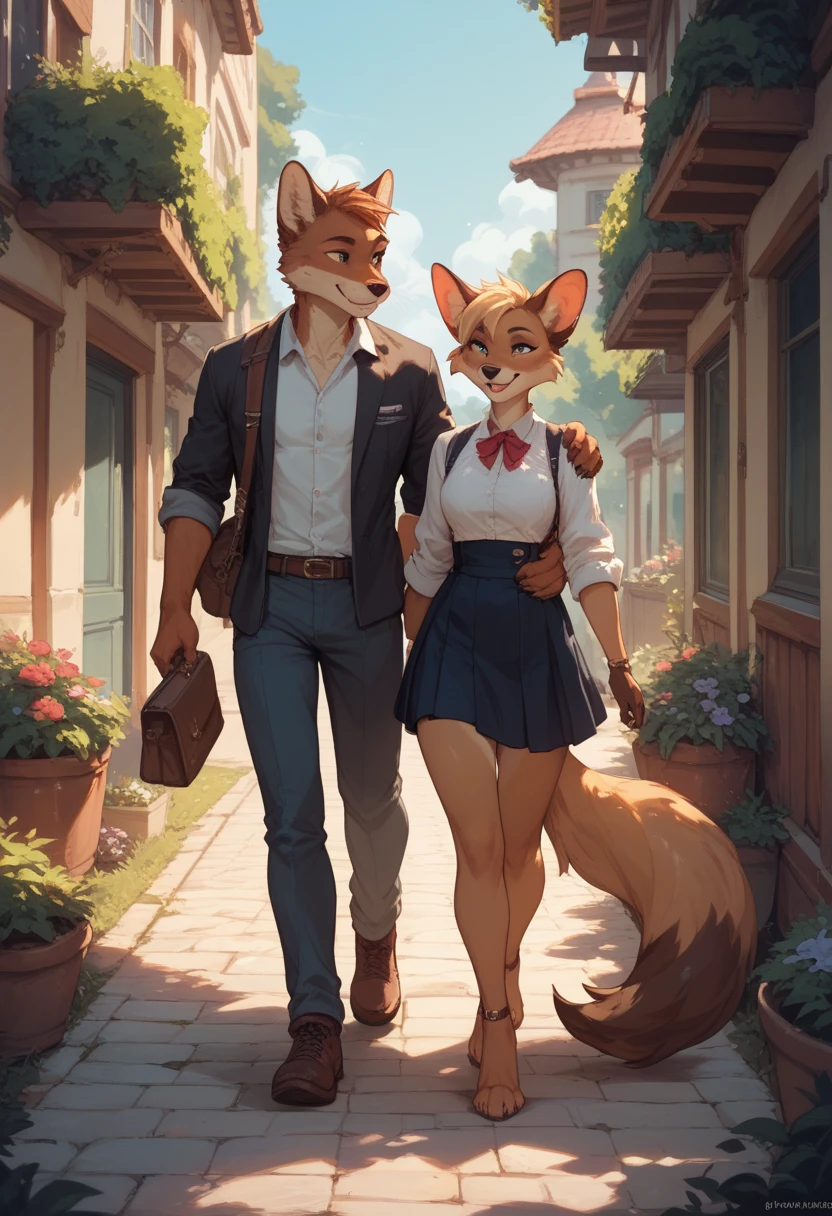 furry couple walking hand by hand
