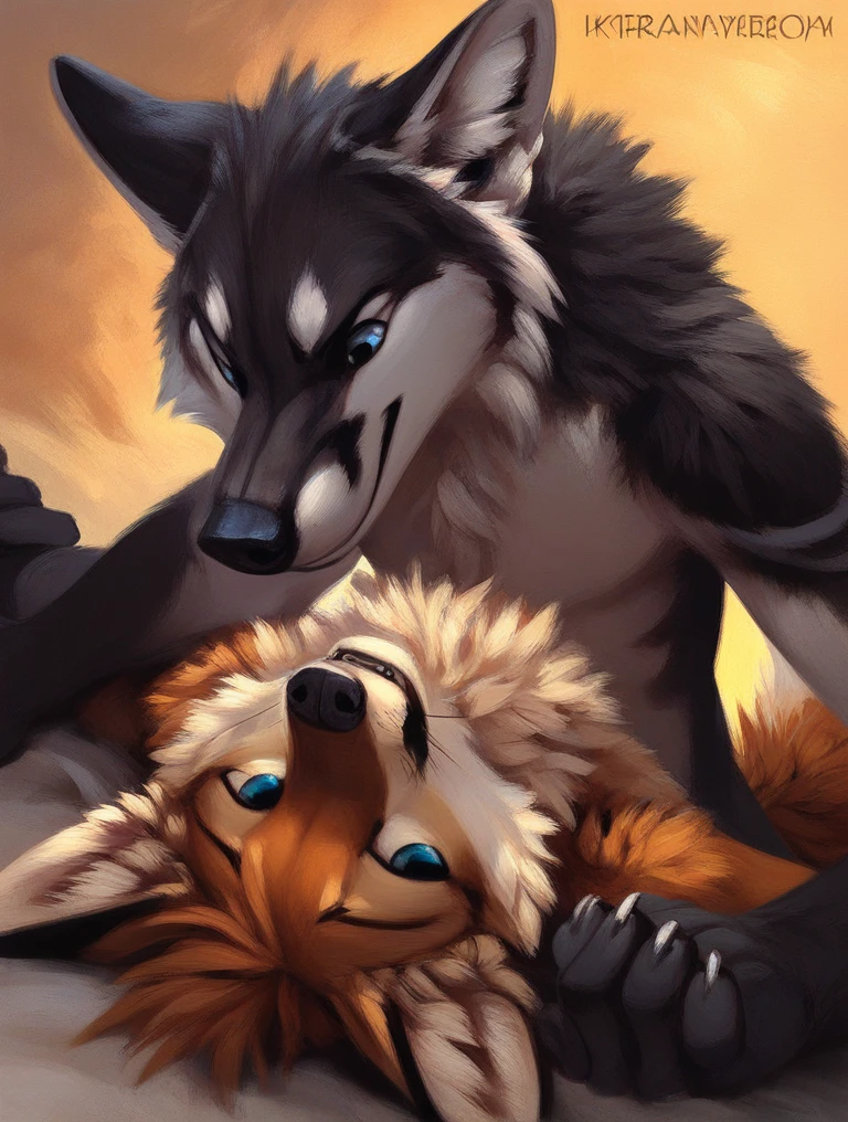 score_9, score_8_up, score_7_up, source_furry, rating_safe, by kenket, anthro, duo, male/male, wolf, black body, blue eyes, fox, white body, doggy style, on back, face to face, holding hands
