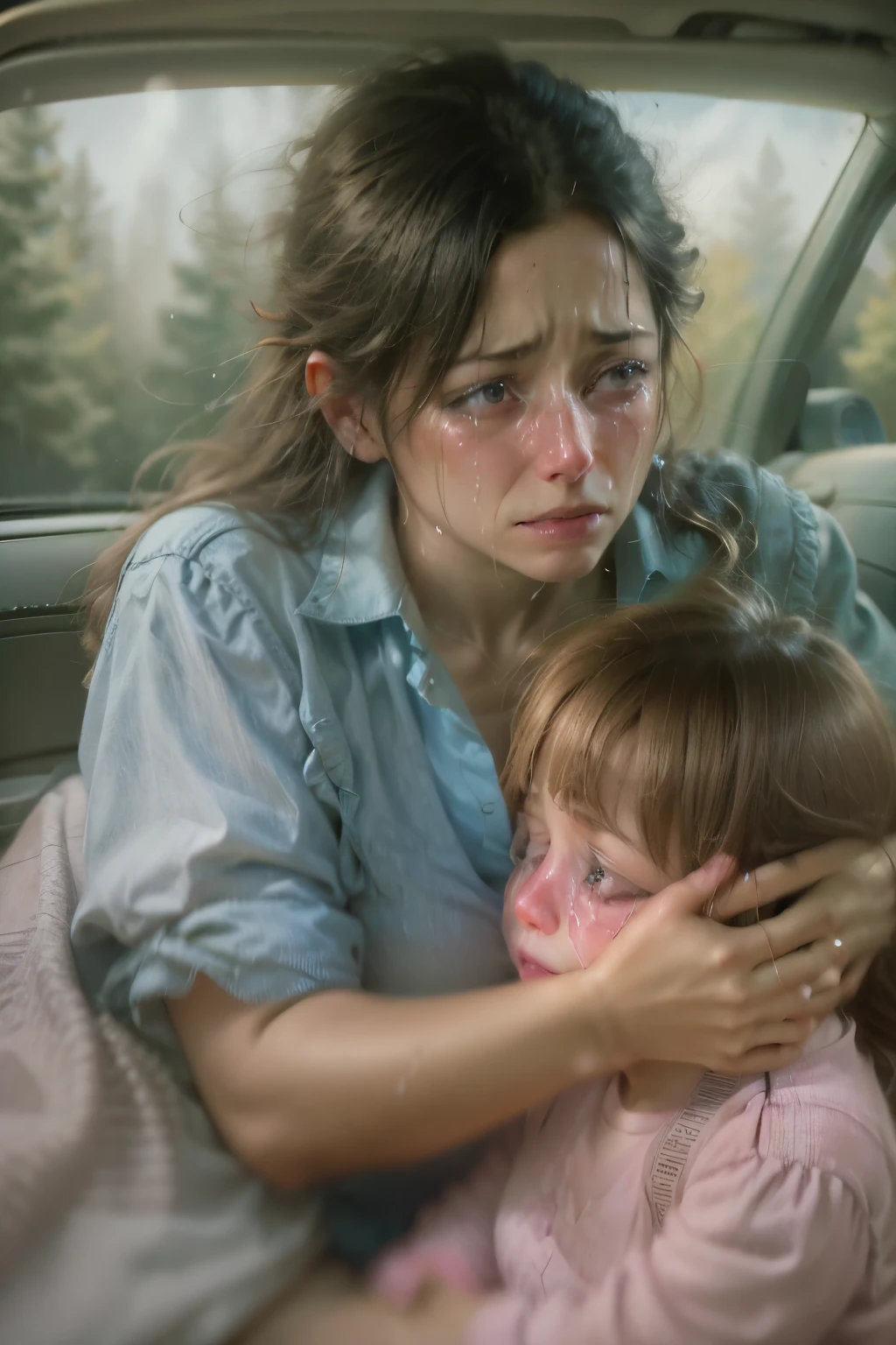 woman with teary face holding a crying 5yo girl in a car, ultra realistic digital painting, very realistic digital art, ultra realistic concept art, highly realistic digital art, hyper realistic digital painting, ultra realistic oil painting, hyper realistic digital art, super realistic painting style, ultra realistic painting, ultra realistic digital art, ultrarealistic digital art, realistic oil painting, ultrarealism oil painting
