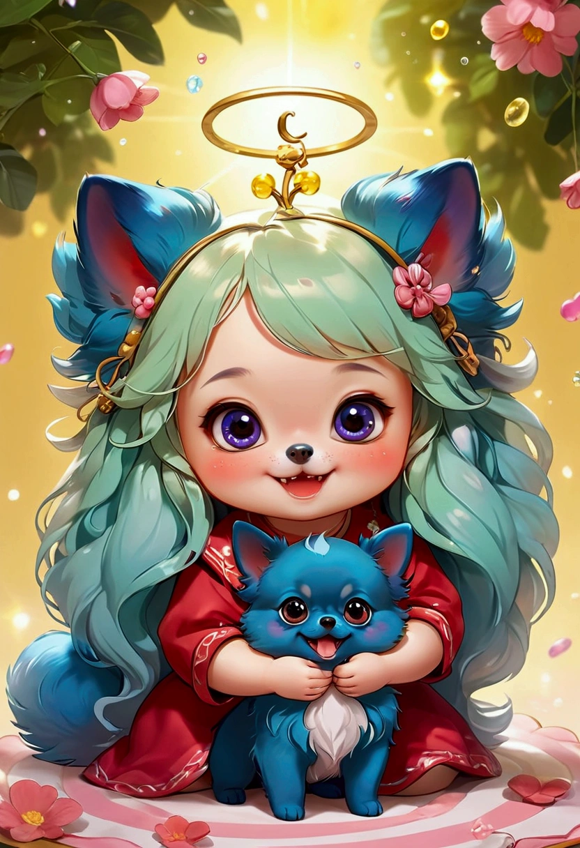 Cute blue and red Pomeranian  round anime style,  small , with cute ears , happy smile,  Purple Water Spirit with Big Eyes , With light green fairy pink sea color, yellow background, Sunlight falls,  mundo de cuento de hadas , HD Dinis, super details, Wearing a beautiful garland,  Playing with dad in the amusement park,