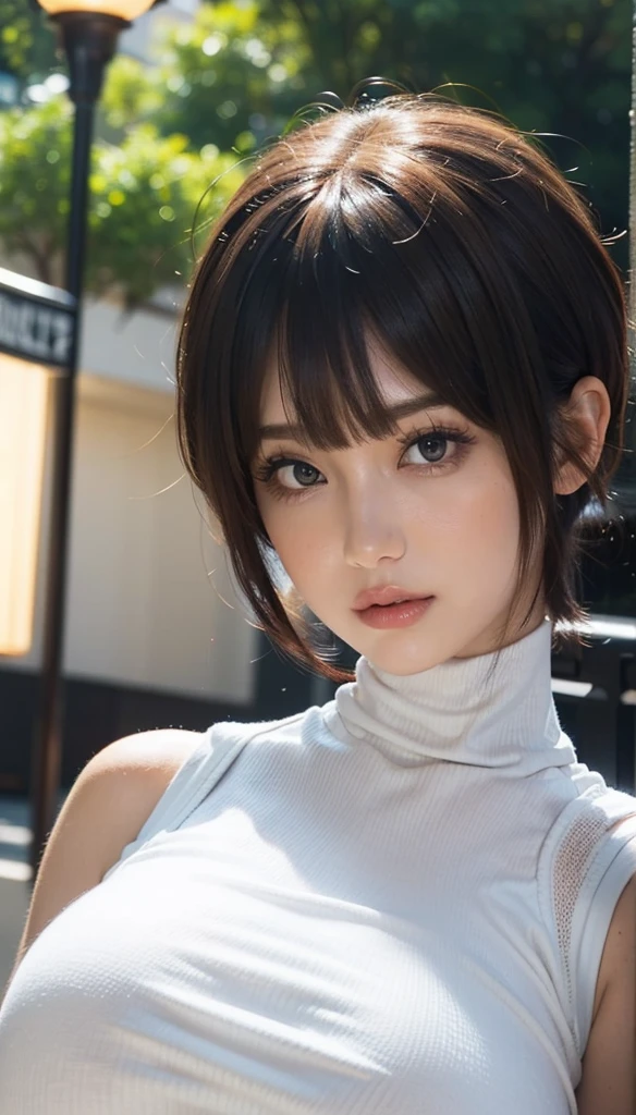 ((Beautiful Face:1.2)),((realistic:1.2)),Best Quality, 1peopleの女の子, (skeindentation), ((Natural Huge breasts:1.4)), (blur back ground:0.6), (street:1.2), (people々, crowd:1), garden, day, Outdoor, (Casual yet stylish, Elegant fabric, high ),((Wear a tight sleeveless high neck dress:1.5)), ((No bra:1.2)),nice, (bangs, Short Hair:1.5), (Floating Hair:1.2), (Dynamic pose:1.2), Soft lighting, wind, (Front light:1.5),  makeeup, 