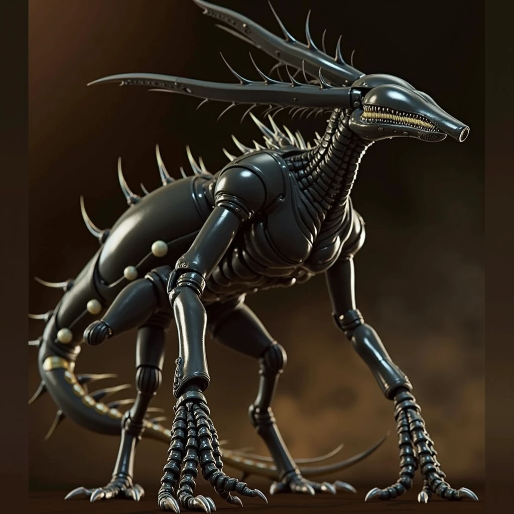 Their appearance is a mix of biology and technology , with a terrifying and threatening design . her skin is black, moist and shiny , similar to a hardened insect exoskeleton , with organic textures and biomechanical details . The head is elongated and smooth , without visible eyes, but with a prominent lower jaw full of sharp teeth and a second mouth retractable ready to attack.
From his back protrude spines and biomechanical tubes that seem to have an unknown but lethal function . His torso is muscular and covered with segmented bone plates that offer , while his arms are long , powerful and they end up in sharp claws like blades . the legs are strong, protection with marked joints and clawed feet that allow him surprising mobility .
a long tail , flexible and segmented extends behind him , ending in a sharp point that can be used as a deadly weapon . His posture is aggressive and predatory , ready to attack with speed and ferocity . The surrounding atmosphere is dark and full of fog , illuminated only by flashes of cold lights that highlight the metallic and organic details of his body . His presence evokes danger , killer instinct and an unstoppable nature .(perfect image)(epic image)(8k image)(many special effects )( wallpaper)(video game)(action scene)( hyper realistic 3d animation )