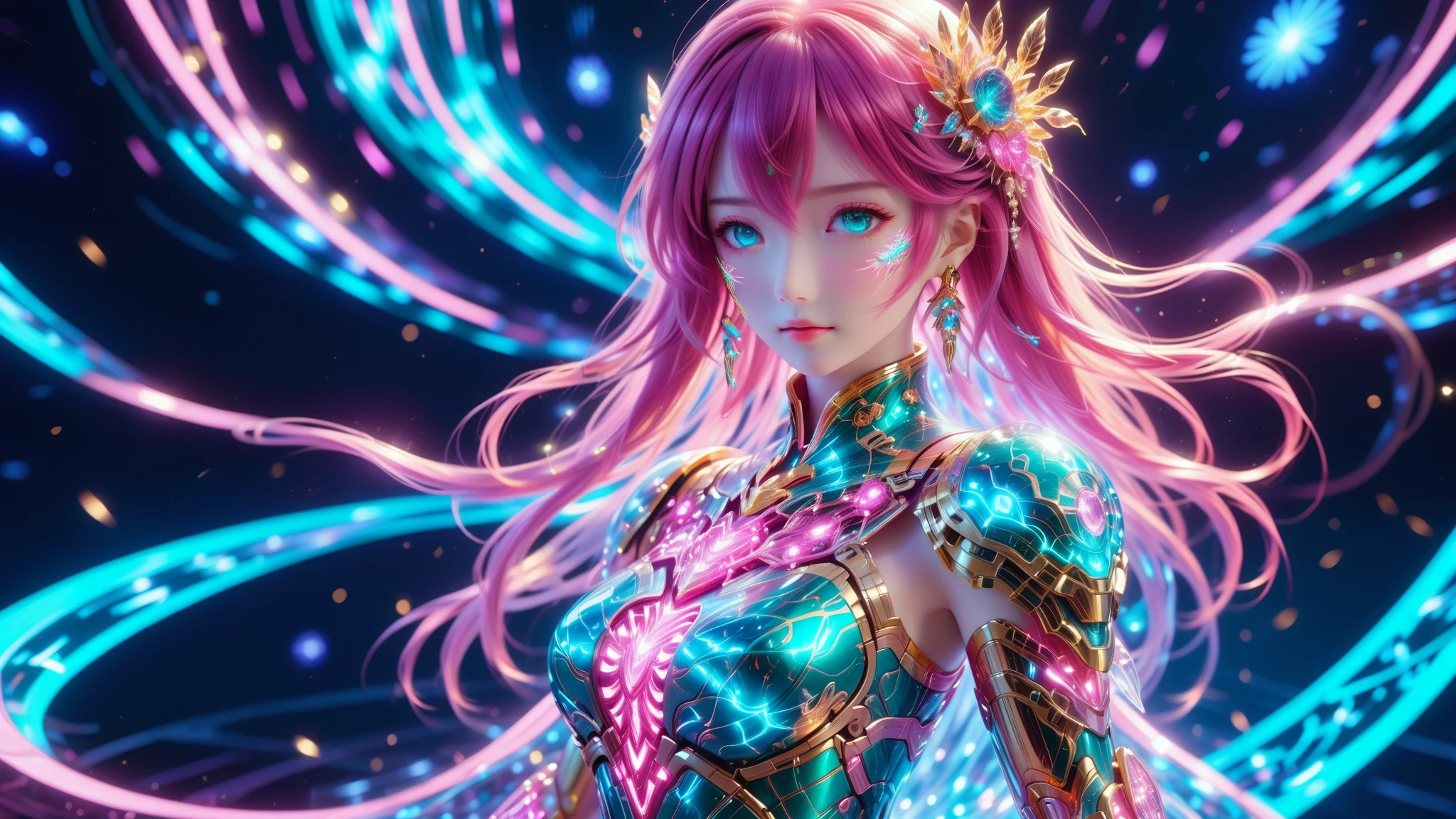 A Masterpiece In 32K Resolution, Supreme Quality, Super Detail, Official Art, Very High-Resolution 32K Wallpaper, Beautiful And Aesthetic, Ultra-Detailed Features, Awe-Inspiring Detail. A Stunning Anime Magical Girl In The Midst Of A Transformation Sequence, With Futuristic Tech-Based Armor Forming Around Her. The Scene Features Vibrant Glow Effects In Pink, Gold, And Teal, Floating Digital Particles Surrounding Her, And A Futuristic Laboratory Background With Holographic Screens.