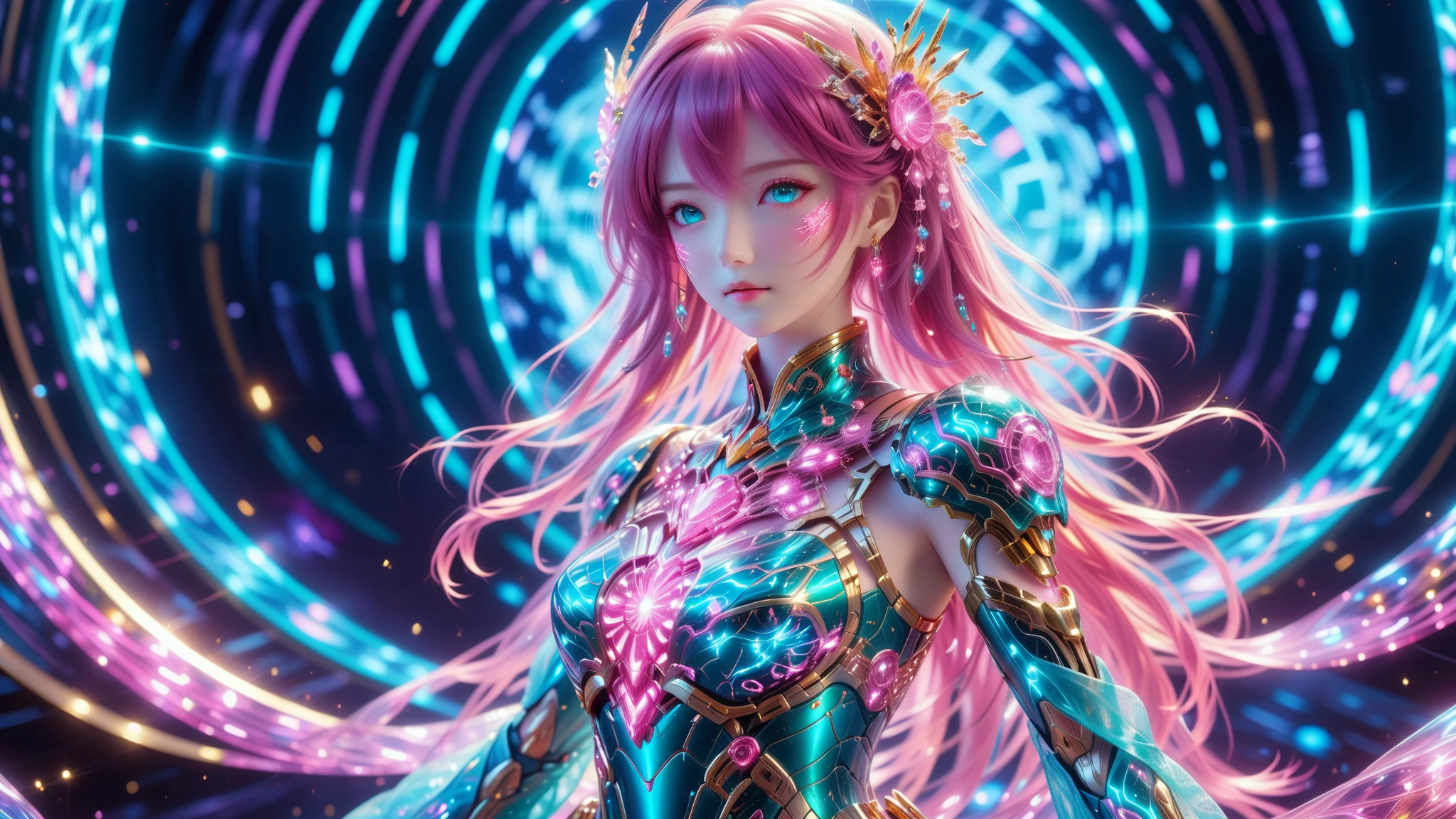 A Masterpiece In 32K Resolution, Supreme Quality, Super Detail, Official Art, Very High-Resolution 32K Wallpaper, Beautiful And Aesthetic, Ultra-Detailed Features, Awe-Inspiring Detail. A Stunning Anime Magical Girl In The Midst Of A Transformation Sequence, With Futuristic Tech-Based Armor Forming Around Her. The Scene Features Vibrant Glow Effects In Pink, Gold, And Teal, Floating Digital Particles Surrounding Her, And A Futuristic Laboratory Background With Holographic Screens.