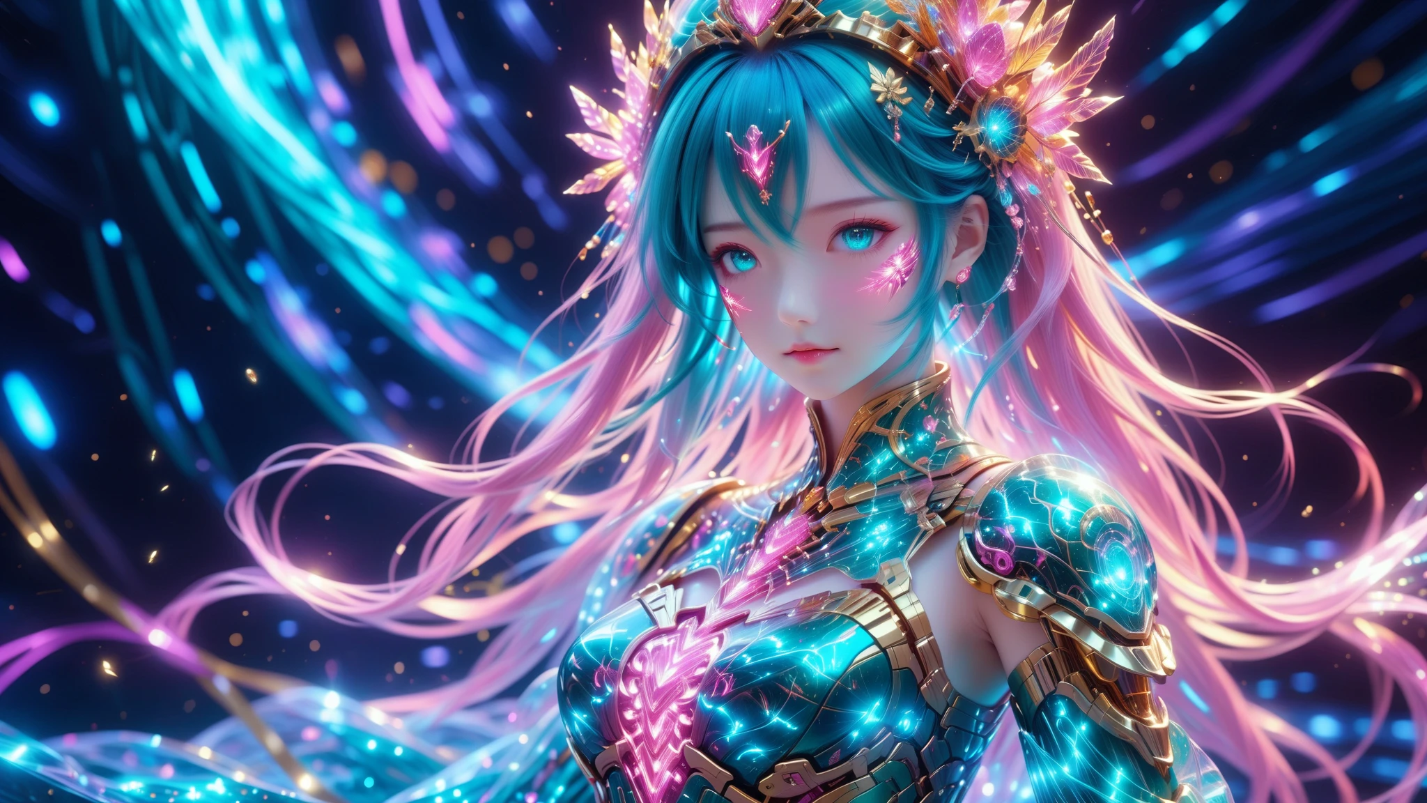 A Masterpiece In 32K Resolution, Supreme Quality, Super Detail, Official Art, Very High-Resolution 32K Wallpaper, Beautiful And Aesthetic, Ultra-Detailed Features, Awe-Inspiring Detail. A Stunning Anime Magical Girl In The Midst Of A Transformation Sequence, With Futuristic Tech-Based Armor Forming Around Her. The Scene Features Vibrant Glow Effects In Pink, Gold, And Teal, Floating Digital Particles Surrounding Her, And A Futuristic Laboratory Background With Holographic Screens.