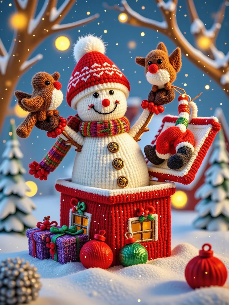 Woolen yarn , hand woven, Micro Landscape, ((( Adorable snowman holding a book and bag of candy,  Standing in an open gift box ))),  Robins perched on a snowman's head , Christmas elements,  Snow-covered ground ,  Holiday Decor ,  Candy packaging Holiday costume quality , 8k,  high resolution, (masterpiece：1.2),  super detailed, ((1. 4x realistic )),  studio lighting ,  Extremely Detailed Description , major, Bright colors, Christmas theme, Winter Wonderland , Holiday illustration , Bright colors, snow White,  Festive red and green ,  Warm and cozy Christmas lights , 1mxsdfg1