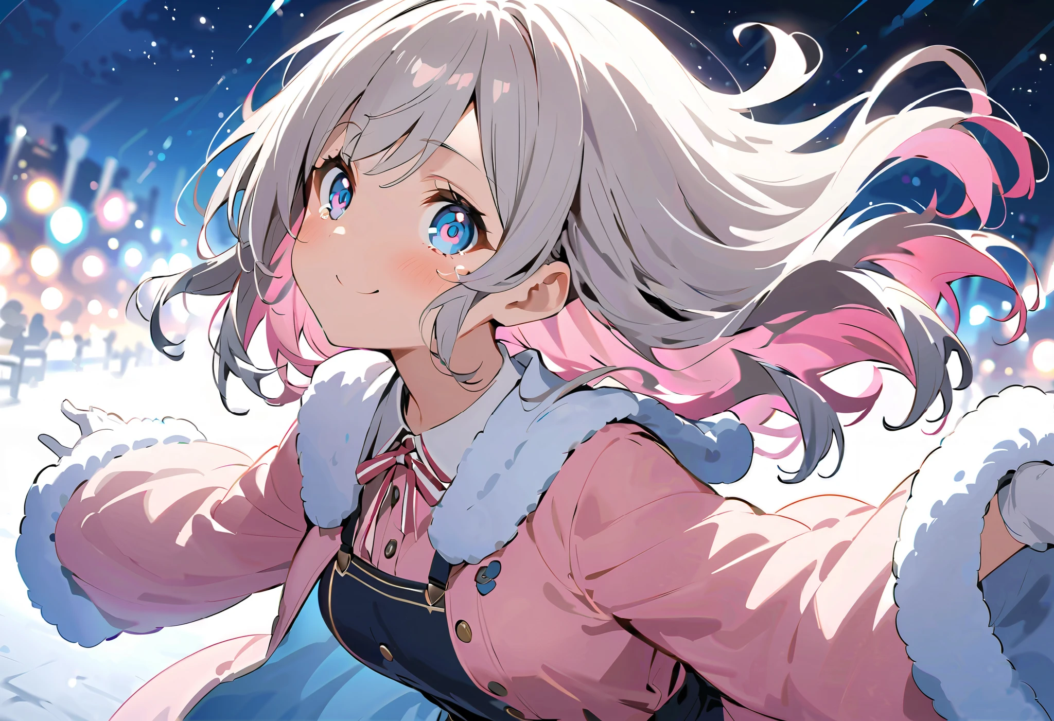 tears、cry、nightの街、dark、 starry sky の灯りと街灯だけ、暗闇と美しい starry sky 、 sad face 、 contrast between darkness and illumination、Crying and laughing、Overall darker 、 sad face、 sad expression 、 Sad Expression 、Profile gazing into the distance、 starry sky を looks up、gloves、 scarf、White Breath、 starry sky 、、 face up、nightの冬街、 illuminations、Fantastic Light、night、 thick boa coat in 、 long coat and 、 scarf、 street concert、、 Street Live in Winter Town 、 street concert、Wear a thick coat 、マイクを持ってSongう、冬空に向けて街中でSongう、snowy town、asymmetry bangs, swept bangs.,extends hands、 、{{{masterpiece}}}, {{{ top quality}}}, {{ more}}, {beautiful detailed eye}, 1 girl,Alone, ((Grey Hair)),(bangs), angle from above、 looks up, girl ,Midea,eye、 dynamic angle 、Long Grey Hair、 pink tips 、Alone、 medium hair 、白い medium hair 、 Song、Idol、長めの medium hair 、 long hair、 bob hair、 long-sleeved pink shirt with a white collar {x} 肩くらいまで伸びるGrey Hair 、 Pink hair with pink tips 、 medium hair ー、 hair with pink inner color、 white hair down to shoulders 、 pretty girl、Detailed eye、Anime、 Shirogane Noel、 stage、 black skirt、 white hair down to shoulders 、Alone、 1 girl、E art style 、 The light shines 、Beautiful Shadows、Alone、