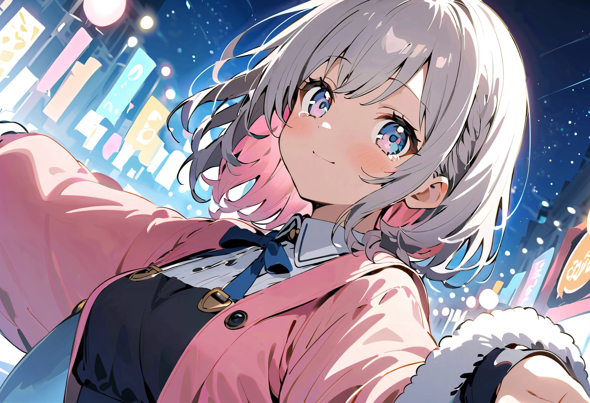 tears、cry、 starry sky を looks up横顔、暗闇と美しい starry sky 、 sad face 、 contrast between darkness and illumination、Crying and laughing、Overall darker 、 sad face、 sad expression 、 Sad Expression 、Profile gazing into the distance、 starry sky を looks up、gloves、 scarf、White Breath、 starry sky 、、 face up、nightの冬街、 illuminations、Fantastic Light、night、 thick boa coat in 、 long coat and 、 scarf、 street concert、、 Street Live in Winter Town 、 street concert、Wear a thick coat 、マイクを持ってSongう、冬空に向けて街中でSongう、snowy town、asymmetry bangs, swept bangs.,extends hands、 、{{{masterpiece}}}, {{{ top quality}}}, {{ more}}, {beautiful detailed eye}, 1 girl,Alone, ((Grey Hair)),(bangs), angle from above、 looks up, girl ,Midea,eye、 dynamic angle 、Long Grey Hair、 pink tips 、Alone、 medium hair 、白い medium hair 、 Song、Idol、長めの medium hair 、 long hair、 bob hair、 long-sleeved pink shirt with a white collar {x} 肩くらいまで伸びるGrey Hair 、 Pink hair with pink tips 、 medium hair ー、 hair with pink inner color、 white hair down to shoulders 、 pretty girl、Detailed eye、Anime、 Shirogane Noel、 stage、 black skirt、 white hair down to shoulders 、Alone、 1 girl、E art style 、 The light shines 、Beautiful Shadows、Alone、