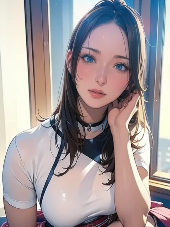 (masterpiece), (best quality), (perfect face:1.2), (beautiful face:1.2), (ultra-detailed), photorealistic, (1 girl), (full body), (A fascinating eye for perfect detail:1.2), (looking down), (arms behind head), (smirk), (blue eyes), (small breasts), (white blouse), (denim shorts)
