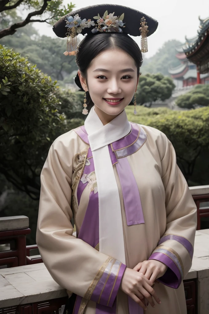 masterpiece,  top quality, edgQuality)),smile, Aoshio , a woman in a traditional chinese oses for a picture , woman wearing a Aoshio __ haircut , Sit back 、naked、 outside the Qing dynasty palace