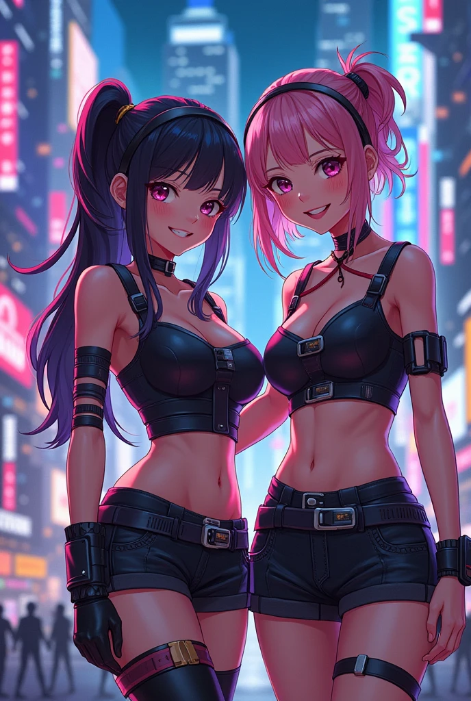 masterpiece, 1girl ((20year old, Black short sleeve hoodie exposes navel, tight blue jeans, medium breasts, multicolor pink hair, twin ponytails, green eyes, Happiness, headphones, urban cityscape at night, neon lights and towering skyscrapers, futuristic and energetic atmosphere))
