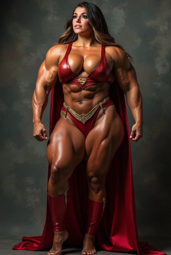 (Busty bodybuilder muscle beautiful woman), huge strong biceps muscles, huge round chest muscles volume, strong muscle legs, strong tonned 6 pack, enormous breasts volume, bodybuilder muscles built bursting in strength, exposed abs skin, slight smile, hard nipples, huge cameltoe, city background, tight superheroine costume and cape
