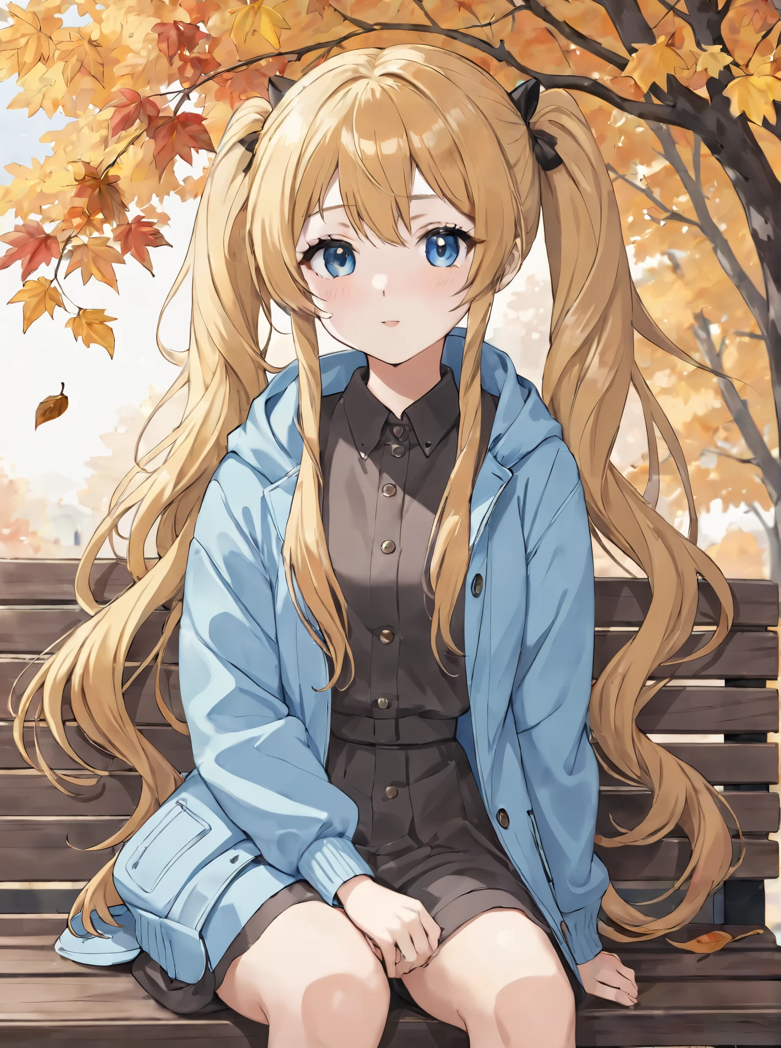  Light Blue Long Hair 、 Beautiful Girl with Twin Tails 、Yellow down coat、Autumn leaves background、 sitting on a bench with a coffee cup in hand, cute  anime girl ,  anime girl  with long hair, beautiful  anime girl ,  anime girl ,  cute girl, 現実的な cute girlの絵, an  anime girl , 🤤 Portrait of a Girl, attractive  anime girl , portrait  anime girl ,  Korean Girl, cute  anime girl  portrait,  anime girl auto  , pretty  anime girl 