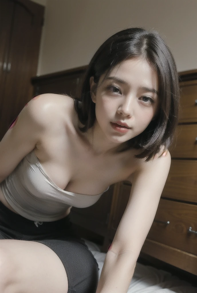 (8K、RAW Photos、Highest quality、masterpiece:1.2)、((smile、lower nose、Nasolabial folds、Thin your eyebrows、Thin your eyebrows、.2))、((Short Hair))、((Nipples、pubic hair:1.3))、(Realistic、Realistic)、1 Girl、((naked、wake up、After sexual、morning、 Hotel Bedroom、 Lying in bed、Bathrobes、Flat Chest、smile))、cute