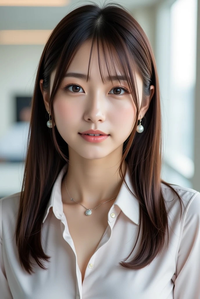  1 beautiful woman,  medium light brown hair 、26 years old、Height: 155cm、Bust 84cm、Waist 60cm、Hips 86cm 、Working in an office、 Shiny whitening 、 secretary、 is wearing high heels、round face