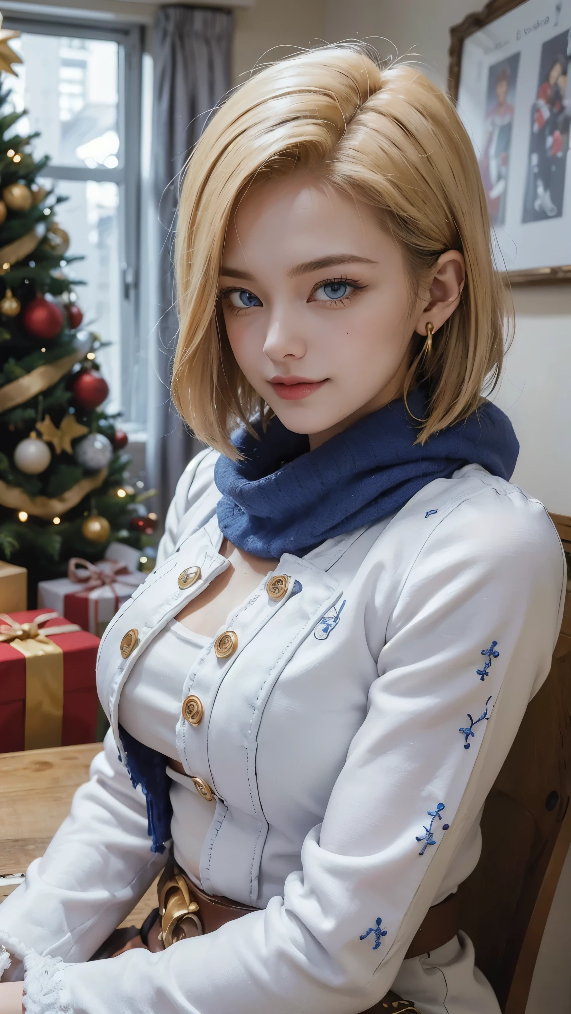 Android 18 da dragon ball,(best qualityer,4K,8k,high resolution,work of art:1.2)(weather: snowing), Mondstadt town background, living room, winter outfit, long beige winter coat, white top, fur mittens, winter fur scarf, winter leggings, winter boots, loop earrings, snowflake embroidery, cheek mole, short straight hair, short blonde hair, ultra detailed, realistic, portrait,beautiful detailed sapphire blue eyes, glowing eyes,blush,beautiful detailed lips,extremely detailed eye and face, long eyelashes,sexy,average, large breasts,beaming smile, flirty smile, powerful girl, sexy pose, stunning curves, bright coloured, dramatic lighting, Christmas lights, Christmas tree, leaning back,