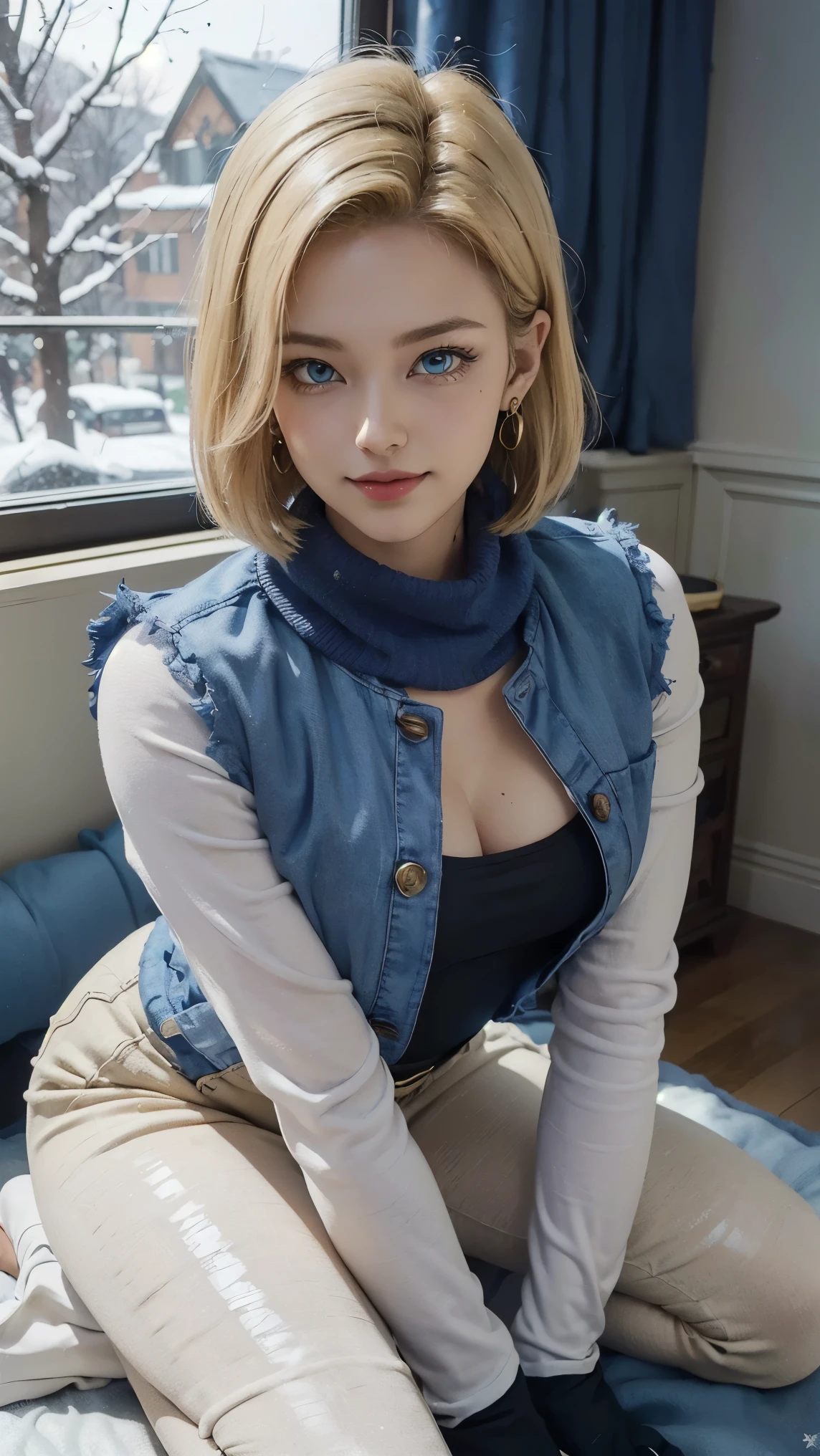 Android 18 da dragon ball,(best qualityer,4K,8k,high resolution,work of art:1.2)(weather: snowing), Mondstadt town background, living room, winter outfit, long beige winter coat, white top, fur mittens, winter fur scarf, winter leggings, winter boots, loop earrings, snowflake embroidery, cheek mole, short straight hair, short blonde hair, ultra detailed, realistic, portrait,beautiful detailed sapphire blue eyes, glowing eyes,blush,beautiful detailed lips,extremely detailed eye and face, long eyelashes,sexy,average, large breasts,beaming smile, flirty smile, powerful girl, sexy pose, stunning curves, bright coloured, dramatic lighting, Christmas lights, Christmas tree, leaning back,