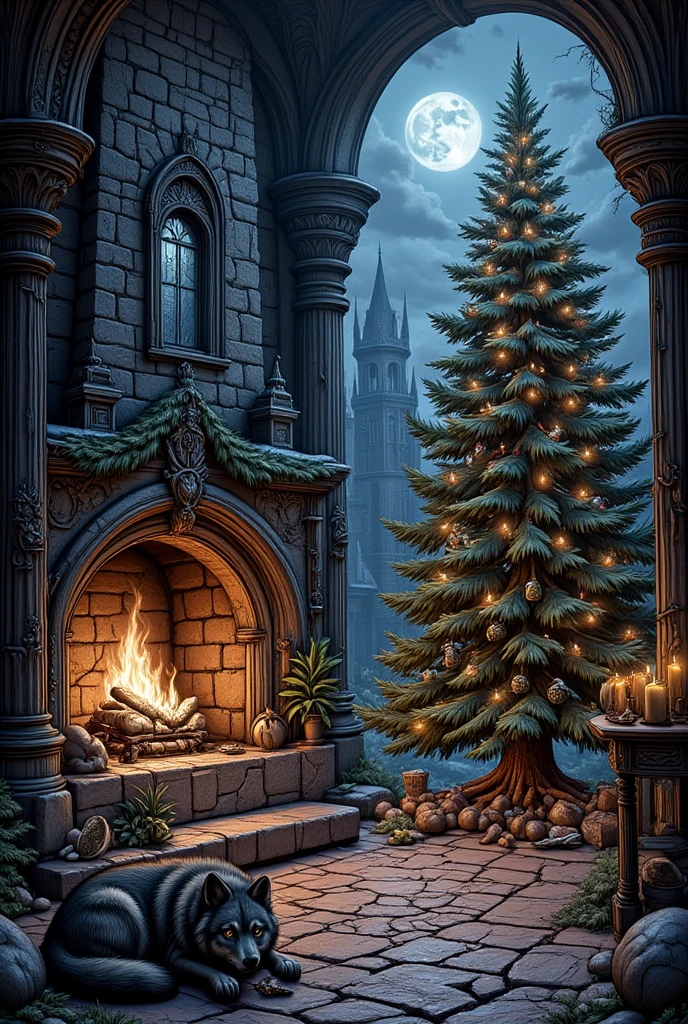 fantasy art, dnd art, RPG art, wide shot, a fantasy art of room of a castle with burning fireplace and a Christmas tree full with decorations, the room is lit from the fireplace, light and shadows, there are lit candles in the room, it is night time there is a full moon in the window, a wolf rests near the fireplace,  hyp3rd3tail style