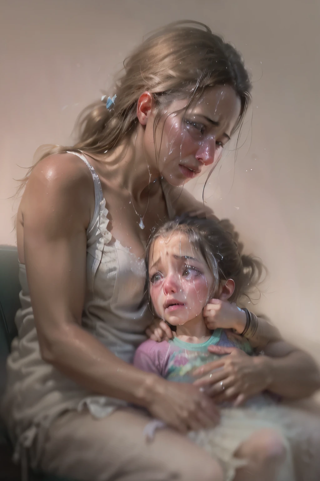 woman with teary face holding a crying 5yo girl in her lap, presenting, ultra realistic digital painting, very realistic digital art, ultra realistic concept art, highly realistic digital art, hyper realistic digital painting, ultra realistic oil painting, hyper realistic digital art, super realistic painting style, ultra realistic painting, ultra realistic digital art, ultrarealistic digital art, realistic oil painting, ultrarealism oil painting
