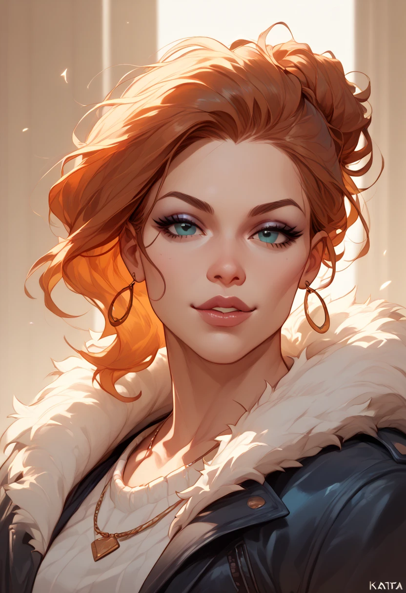 score_9, score_8_up,score_7_up, score_6_up, score_5_up, score_4_up, woman, best quality, highres, portrait, solo, beautiful, makeup, soft lips, Sansa Stark, (orange hair, large cleavage,  beautiful fur winter dress, (((simple background)))