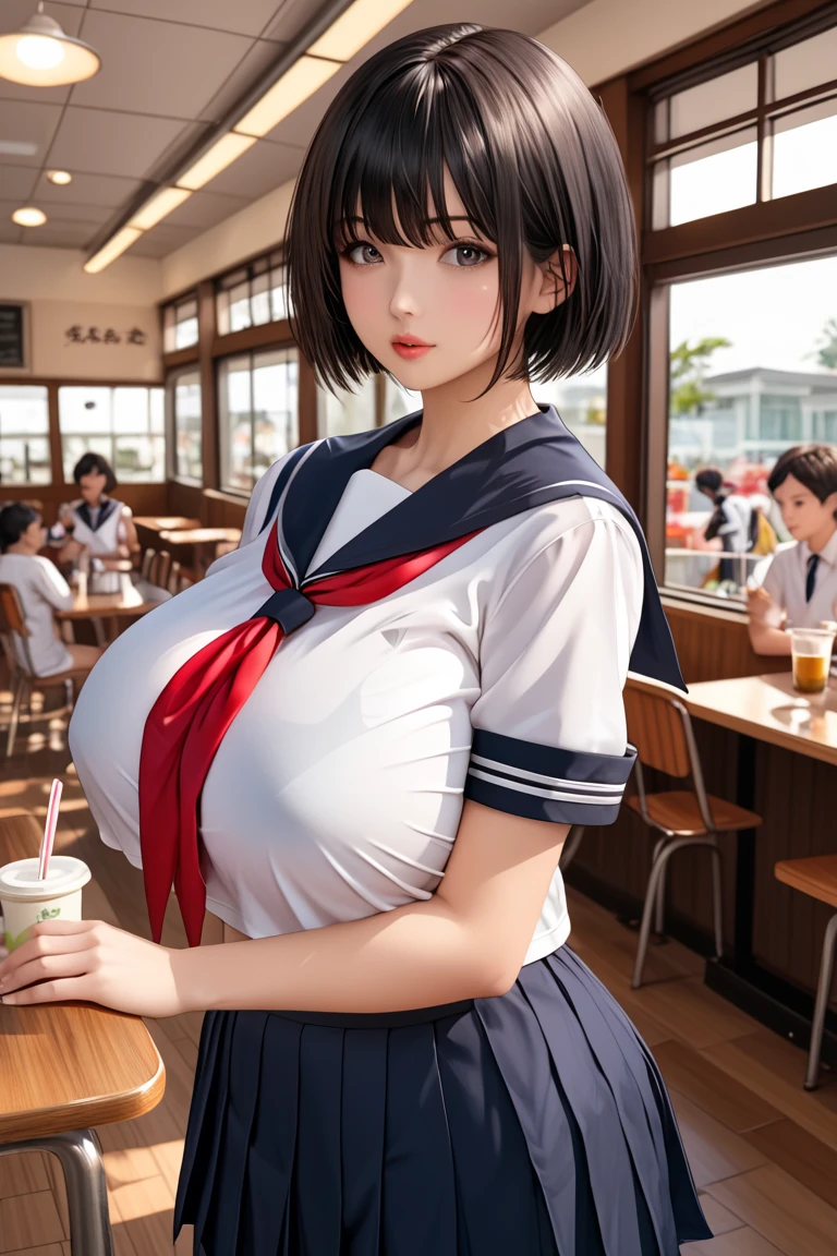 illustration, Japanese woman, black hair, short cut hair, straight hair, white school sailor uniform, short sleeve school sailor uniform, thick school sailor uniform, red ribbon tie, covered huge breasts, cafe, summer evening