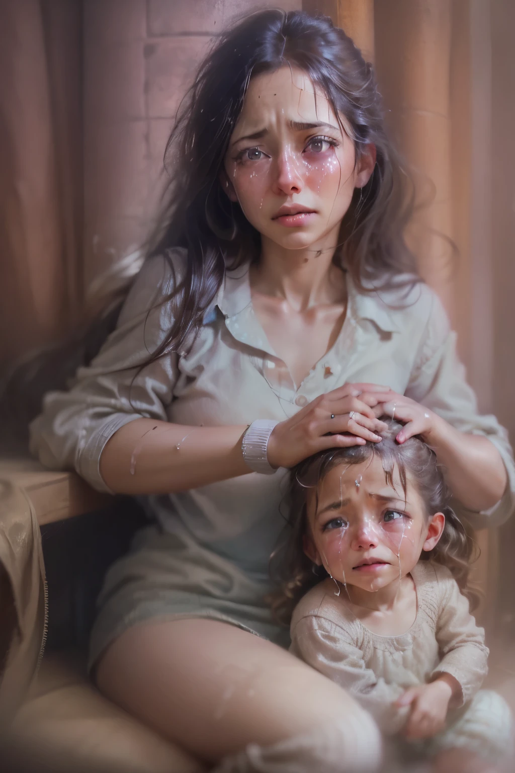 woman with teary face holding a crying 5yo girl in her lap, presenting, ultra realistic digital painting, very realistic digital art, ultra realistic concept art, highly realistic digital art, hyper realistic digital painting, ultra realistic oil painting, hyper realistic digital art, super realistic painting style, ultra realistic painting, ultra realistic digital art, ultrarealistic digital art, realistic oil painting, ultrarealism oil painting
