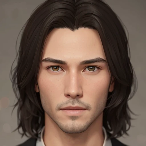 There is a Man  (mature and normal )    26 years old ,       with long hair and white suit       , asistente hiper      realistic      , sujeto hiper      realistic      , Chico anime joven      realistic      ,      anime style realism      , estilo de arte anime      realistic      , estilo de arte de anime      realistic      , Estilo anime 3D      realistic      ,      portrait de una chico anime,      artwork in the style of Guweiz     ,     Detailed          portrait de una chico anime, increíble      portrait de rostro de anime . model,     of Japanese origin ,  I just saw the spectator      ,      portrait(      realistic      :1.4), (:1.0), Gris eyes ,      squinting eyes    (perfecta) ,     normal eyes (perfect),eyelash(perfecta),shirt, grey suit,  colored hair (brown ),  perfect hair with ,     straight hair strands     (perfect), ( secretario professional ), hairstyle type  (Hime, loose), oval and elongated face ,ELONGATED FACE,   triangular chin , thin face,  slim build , (    Detailed    , ultra ,,-    Detailed    , high     Detailed    , ultra      realistic      8K CG,      perfect artwork , lyrical), wooden table , flores, Internal,          expression(carefree, Serious) ,     no earning, film, bokeh, professional, 4k,      Dynamic and very detailed lighting    , fotor      realistic      , 8K, raw, rico,    intricate details , without mustache