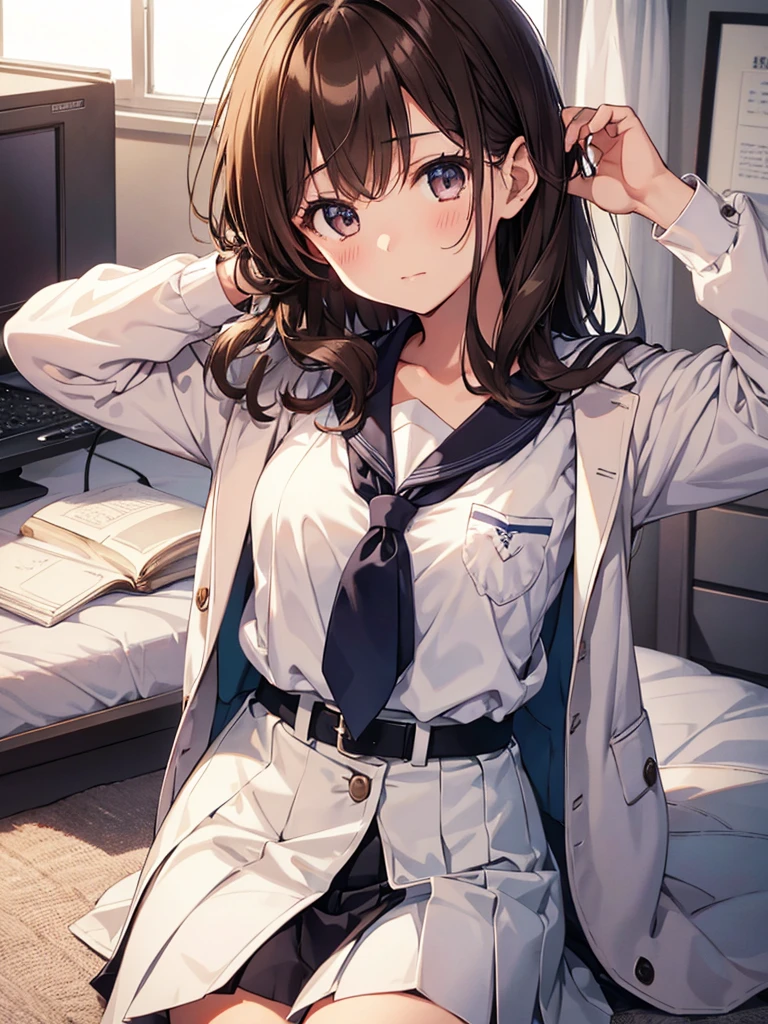 ((2D Beautiful Girl、top-quality: 1.2、perfect fingers: 1.2、perfect anatomia: 1.1、Perfect outfit、face perfect: 1.1、Beautiful illustration))、(Transformation Sequence)、14years、Solio、A Princess、Fractal Art、a baby face、((stright long hair))、(Slender legs)、Large sagging eyes:1.1、(1人)、A shy smile with a small open mouth、Fox ears、Quiet classroom、cheerleader style leotard、long-sleeve、White costume、(cheerleader style leotard:1.3)