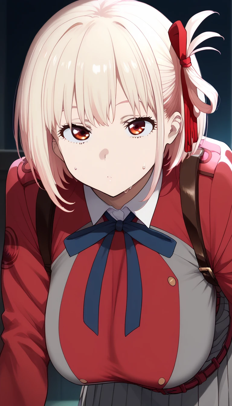 Hyper realistic, chisato nishikigi, short hair, bangs, blonde hair, red eyes, hair ribbon, one side up, bob cut,
shirt, long sleeves, dress, ribbon, white shirt, collared shirt, belt, neck ribbon, red dress, blue ribbon, pleated dress, grey dress, two-tone dress, red belt, lycoris uniform,, perfect face, perfect lighting, sexy female, huge breasts, large breasts, sweat, hanging breasts, leaning forward, close view