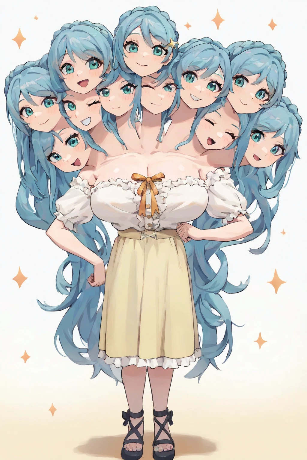 (masterpiece, best quality), (detailed), best resolution, 16k, straight on, full body, (conjoined, two heads, three heads:1.3), (magical girl), magical girl outfit, exposed collarbone, crown braid, ribbon on chest, frilly khaki skirt, a frilly button-down blouse, vest, long hair, sidetail, wave hair, cerulean blue hair, Aqua eyes, smiling, gentle smile, standing, simple background, star sparkles