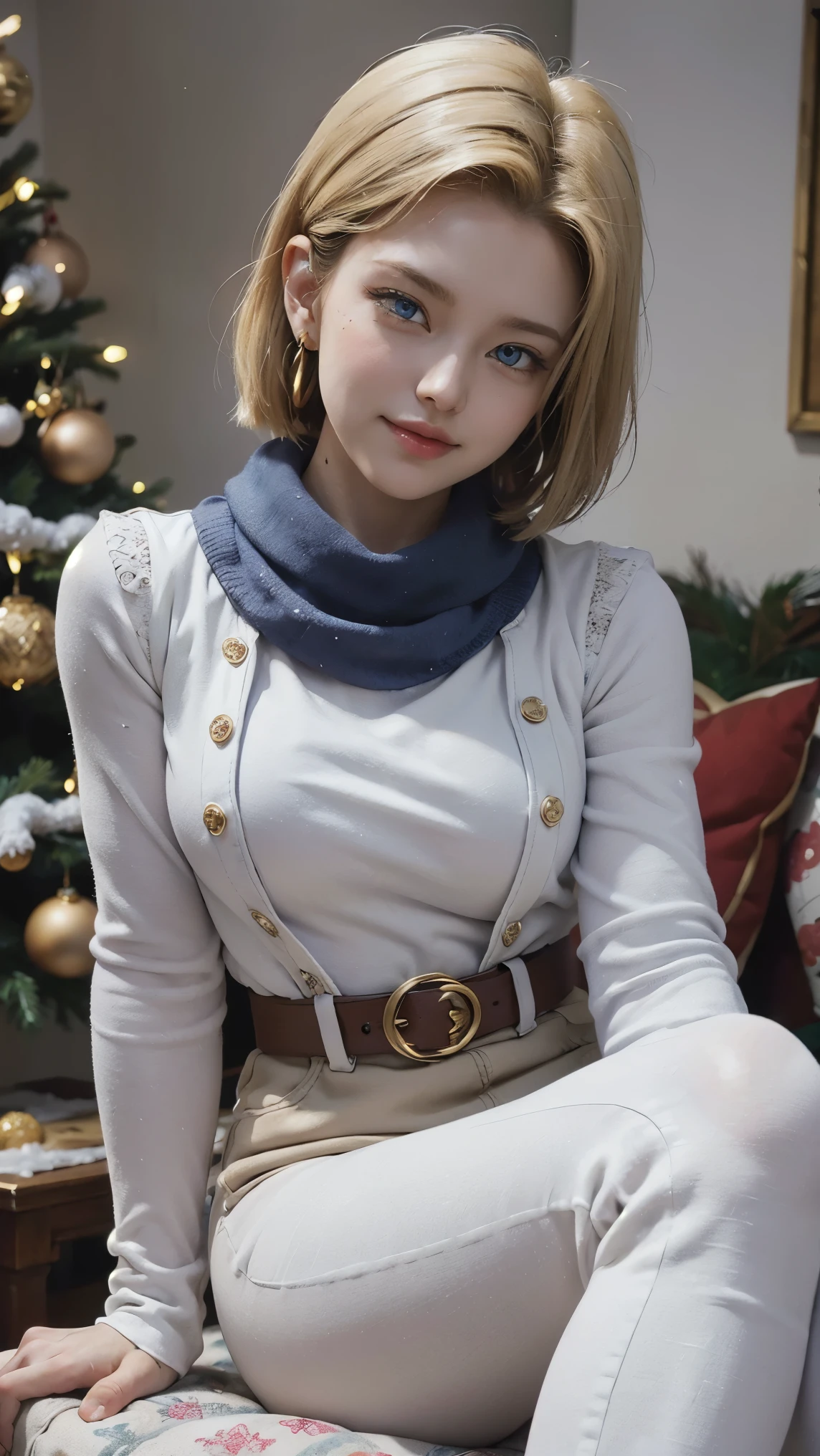 Android 18 da dragon ball,(best qualityer,4K,8k,high resolution,work of art:1.2)(weather: snowing), Mondstadt town background, living room, winter outfit, beige winter coat, white top, fur mittens, winter fur scarf, winter leggings, winter boots, loop earrings, snowflake embroidery, cheek mole, short straight hair, short blonde hair, ultra detailed, realistic, portrait,beautiful detailed sapphire blue eyes, glowing eyes,blush,beautiful detailed lips,extremely detailed eye and face, long eyelashes,sexy,average, large breasts,beaming smile, flirty smile, powerful girl, sexy pose, stunning curves, bright coloured, dramatic lighting, Christmas lights, Christmas tree, sitting back,