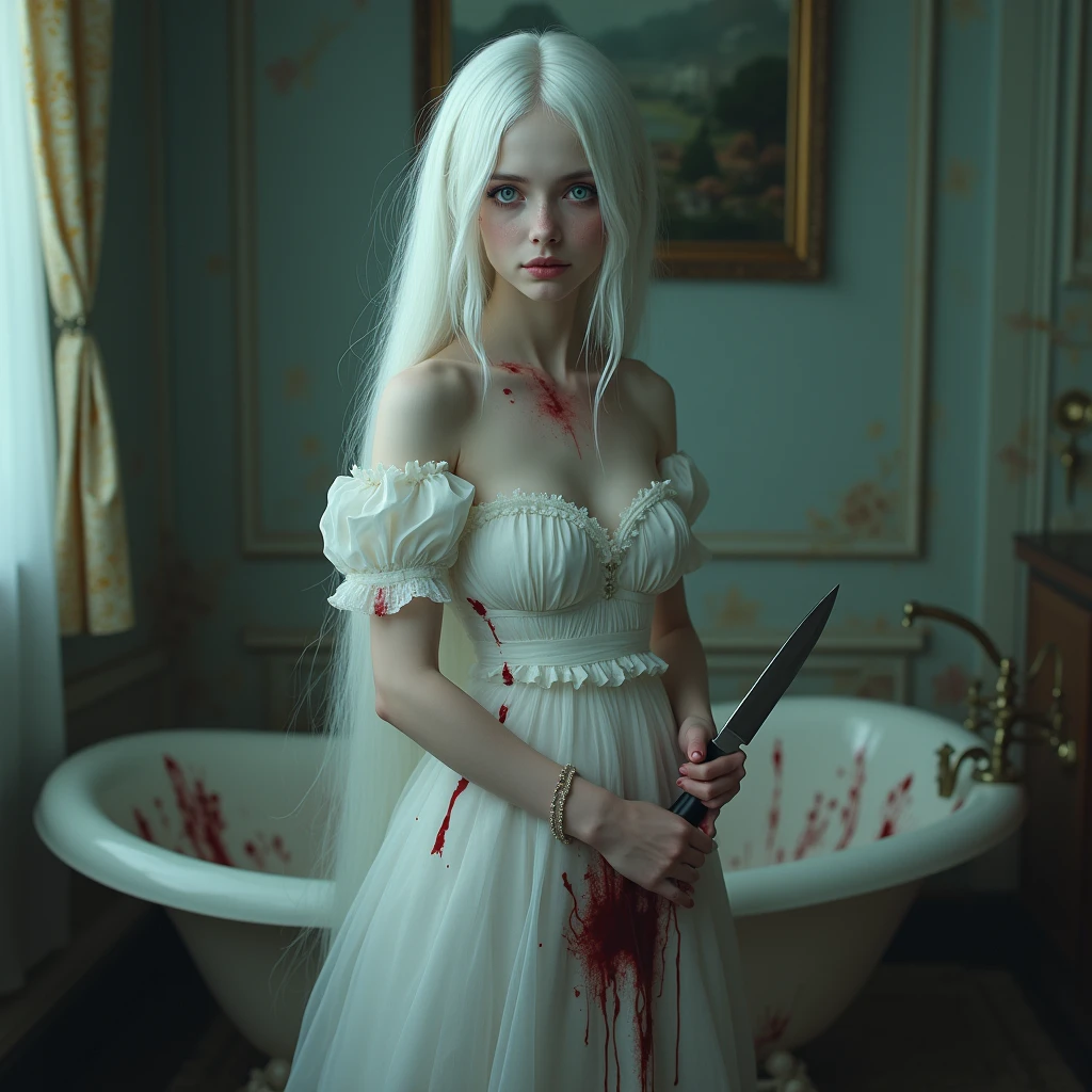 Blonde woman in a white dress standing in a degraded room with blood on the walls, expression of horror on her face, dark photorealistic concept art, highly realistic concept art, ultrarealistic concept art, photorealistic concept art, ultrarealistic concept art, in a post-apocalyptic setting, horror game graphics, bloody + conceptual art, zombie in horror concept art, realistic fantasy rendering, amazing photorealistic graphics --auto --s2
