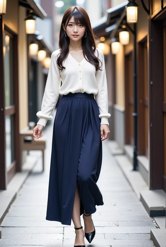  1 beautiful woman,    shoulder length inward wrap hairstyle、26 years old、white long sleeve knit 、 dark blue long skirt、Height: 155cm、Bust 83cm、Waist 58cm、Hips 85cm 、 walking through the old japanese shline 、 can you see your whole body 、Shiny whitening 、 Hairstyle with bangs、 announcer、 is wearing high heels、round face、マーメイドシルエット