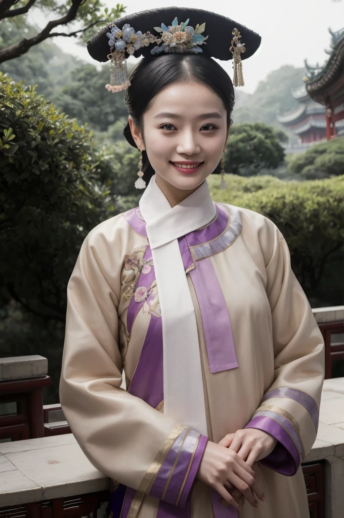 masterpiece,  top quality, edgQuality)),smile, Aoshio , a woman in a traditional chinese oses for a picture , woman wearing a Aoshio __ haircut , knees、naked、 nudes、 outside the Qing dynasty palace