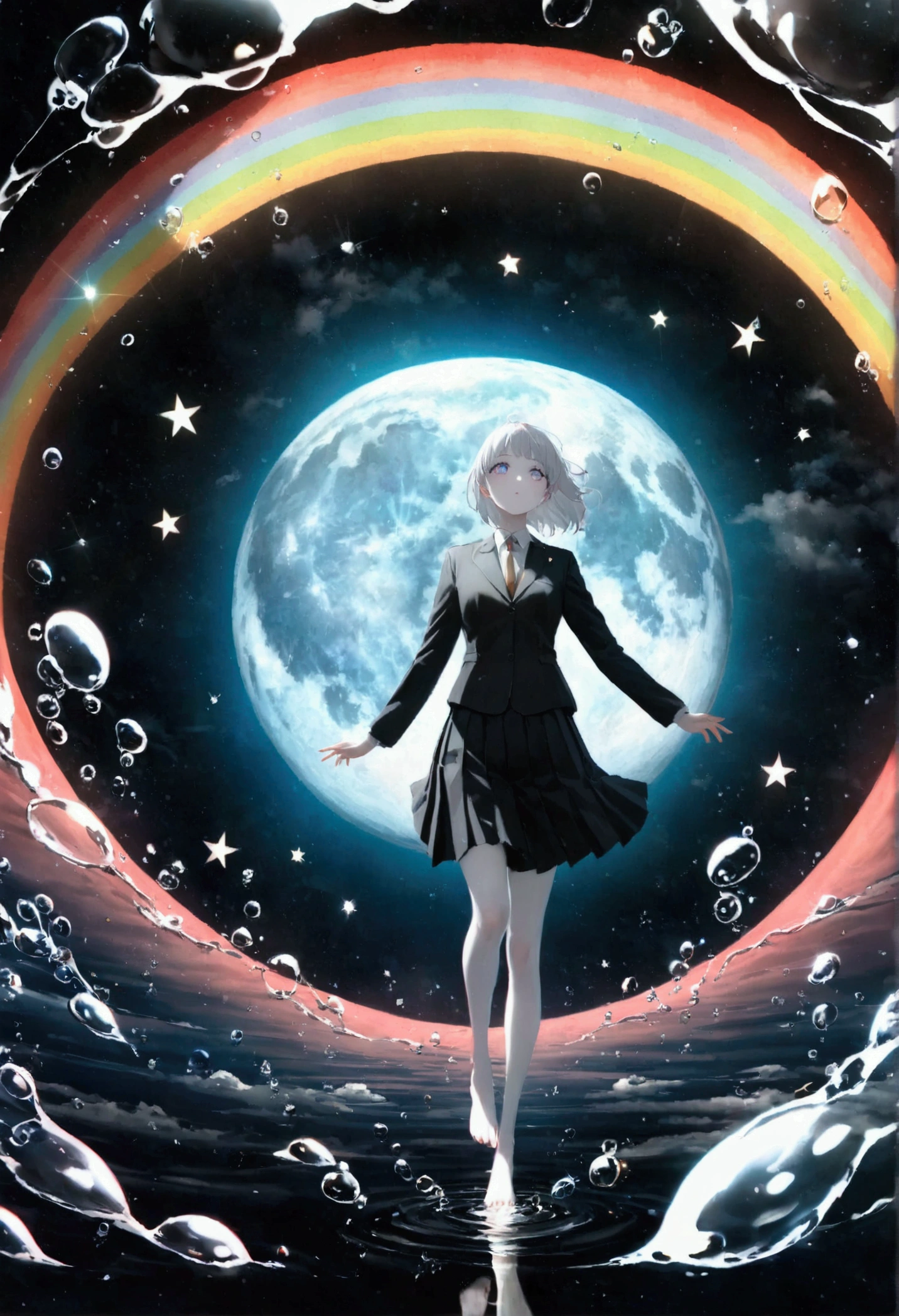 (woman\(student, 20 years old, ＪＫ, Her short silver hair sways, Space-colored eyes, Black school uniform,  blue-white skin)  Looking Up at the Sky ), ( large glass-colored whale in a clear black suit is swimming through the air), Beautiful sky,  Beautiful Clouds ,  colorful summer flowers blooming ., ( transparent bubbles shining like a rainbow here and there), There is a noon moon in the sky and a daytime star , It's a crowded downtown , break ,quality\(8k,非常に精細なCGユニットの wallpaper, masterpiece, high definition ,top-quality,top-quality real texture skin, surreal,  footprints are large at the bottom of a beautiful clear ocean, RAW photo,最高quality, very detailed with crimson hair, wallpaper, movie lighting,[ ray tracing,Golden Ratio\),(Long Hit), wide shot, There are many beautiful, seven-colored butterflies dancing at the girl's feet