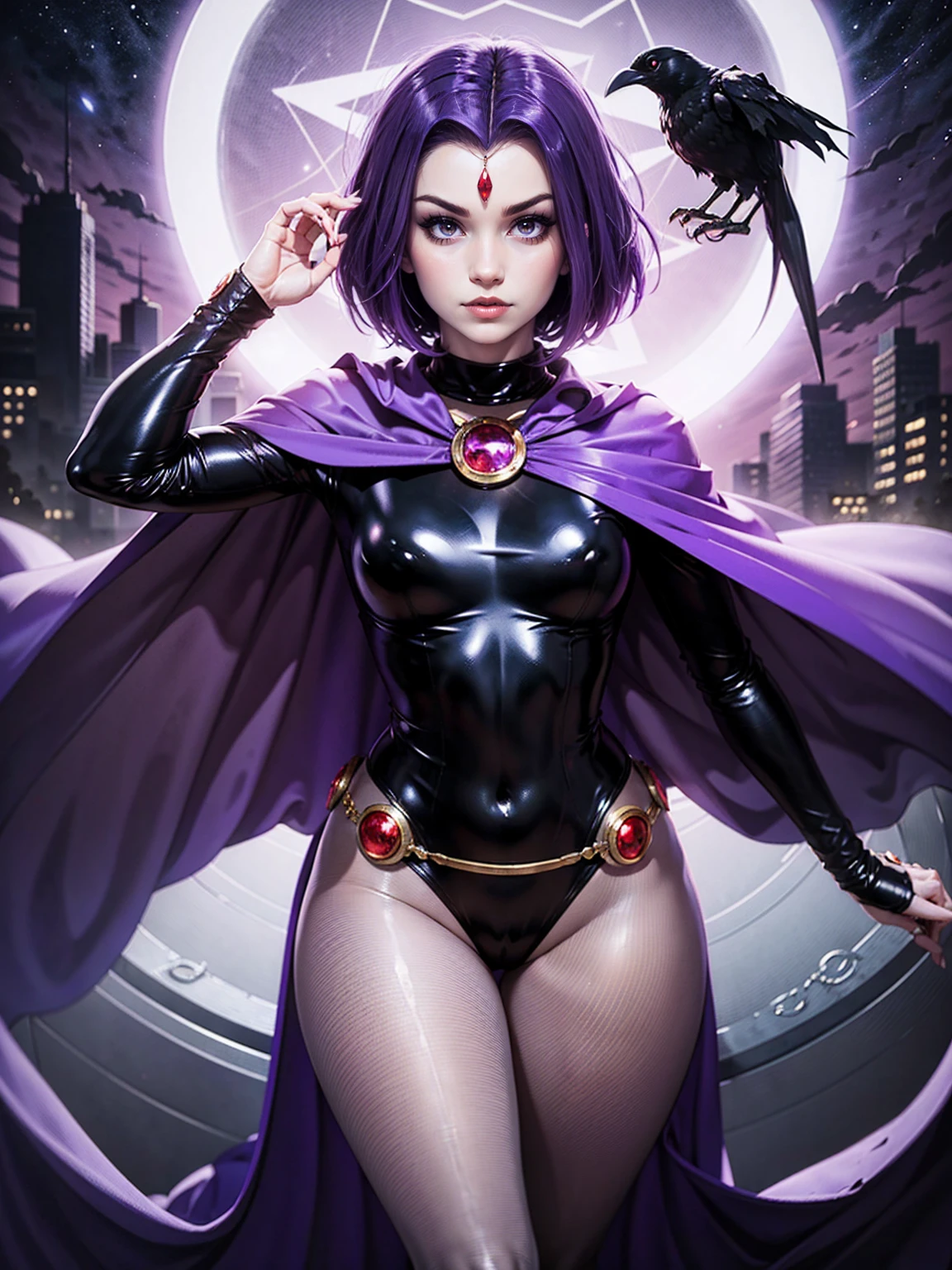 illustration of Raven of DC Comics, 1girl, raven, turtleneck, black leotard, black cape, purple hair, forehead jewel, purple eyes, short hair, belt, skin tight, standing, cleavage, toned, pose, night, moonlight, ((posing)), motion lines, torso, upper body, portrait, b&w. outline, in Anime Tarot Card Art Style, elegant, glamorous, reflection, shine, shading, pantyhose 40 dinier, small