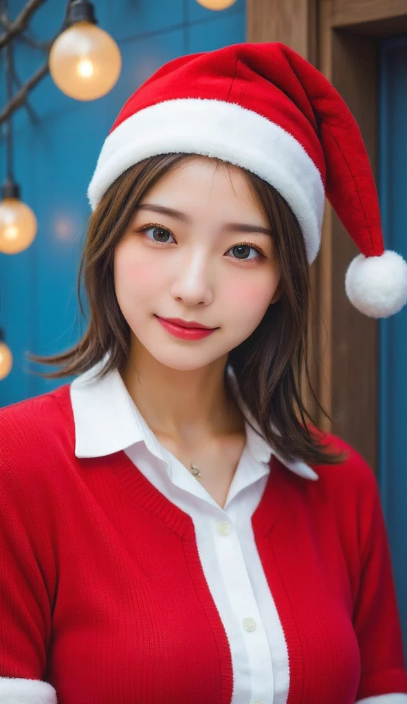 (Christmas Theme), Winter, Snow, Santa woman，conservative attire，with a Santa hat，blue crane，Wearing a red and white Santa  dress，Upper body close-up，Close-up photos，jewelry，Visions of heaven and earth，Magic crystal ball，The background is the Milky Way，solar system, Lighitnig, smile, (Large breasts), 口を少し開ける, キラキラエフェクト, レンズフレア, 