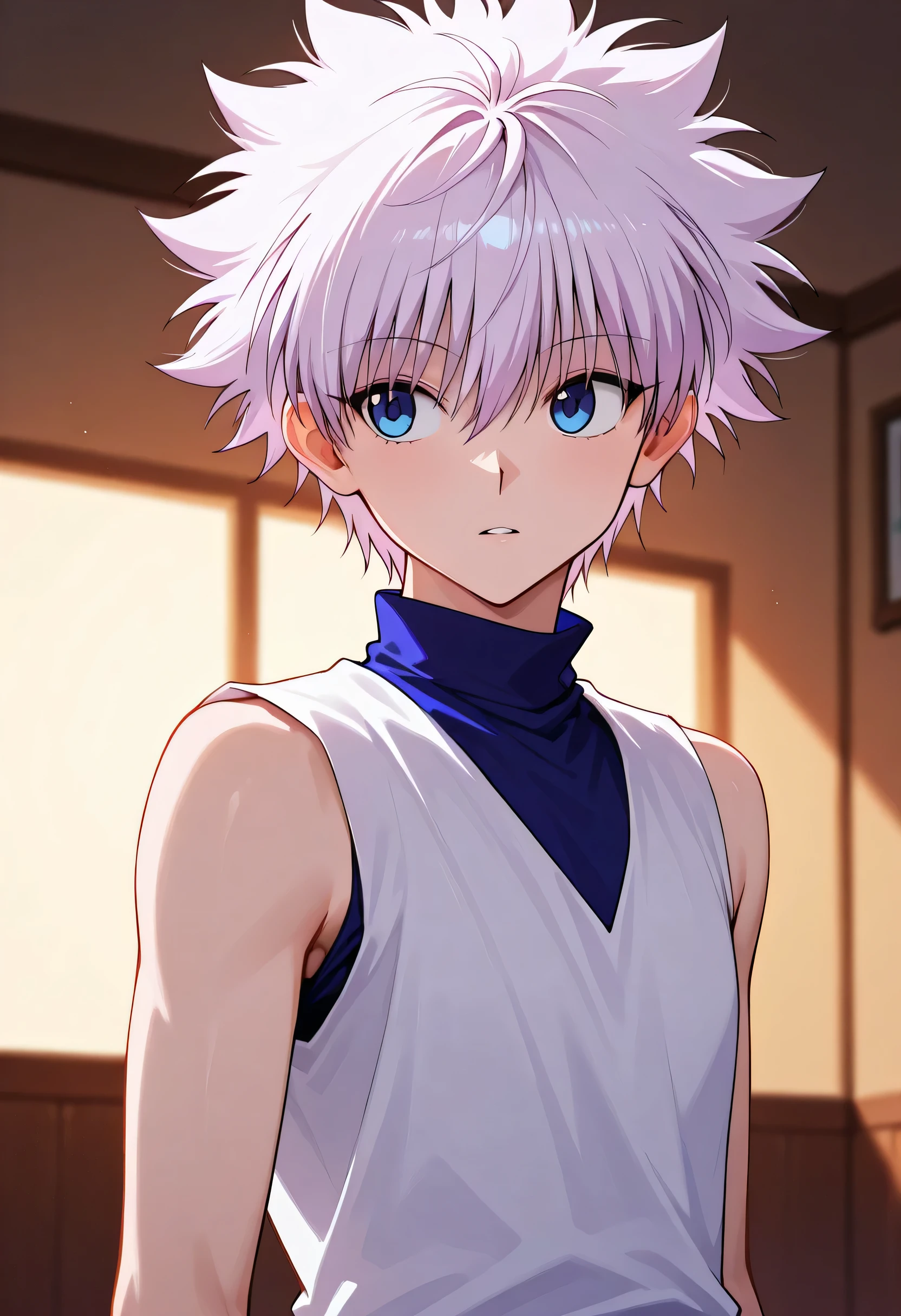 Killua from anime hunter x hunter wears a white sleeveless undershirt, his skin is white