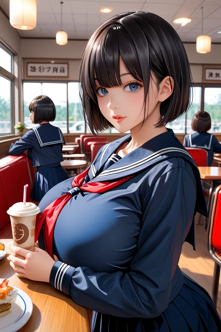 illustration, Japanese woman, black hair, short cut hair, straight hair, (navy blue school sailor uniform:1.5), long sleeve school sailor uniform, (thick school sailor uniform:1.5), red ribbon tie, covered huge breasts, cafe, evening